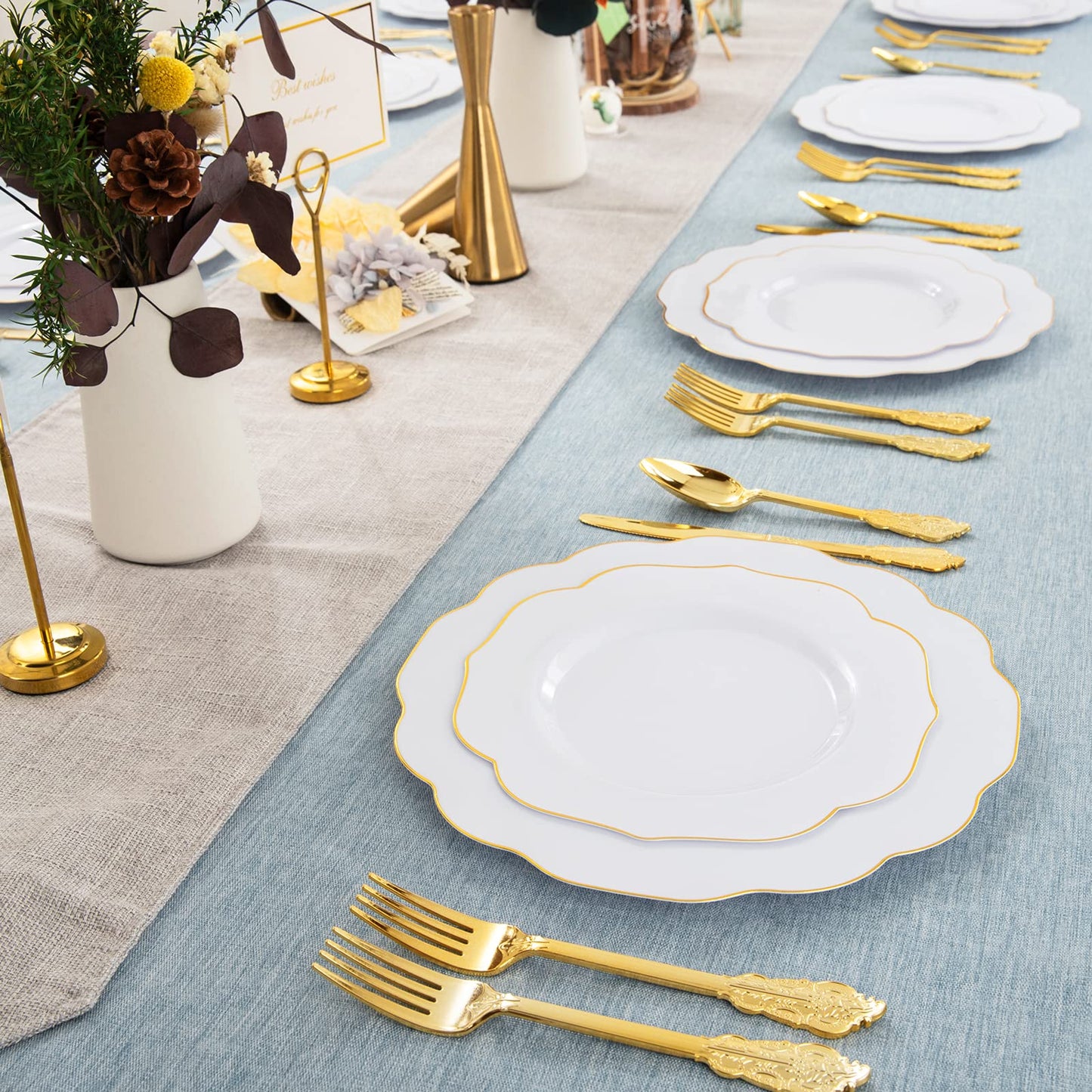 NOCCUR 120PCS Gold Plastic Plates Disposable for 60 Guests - Include 60 Dinner / 60 Dessert Plates Heavy Duty for Wedding&Party