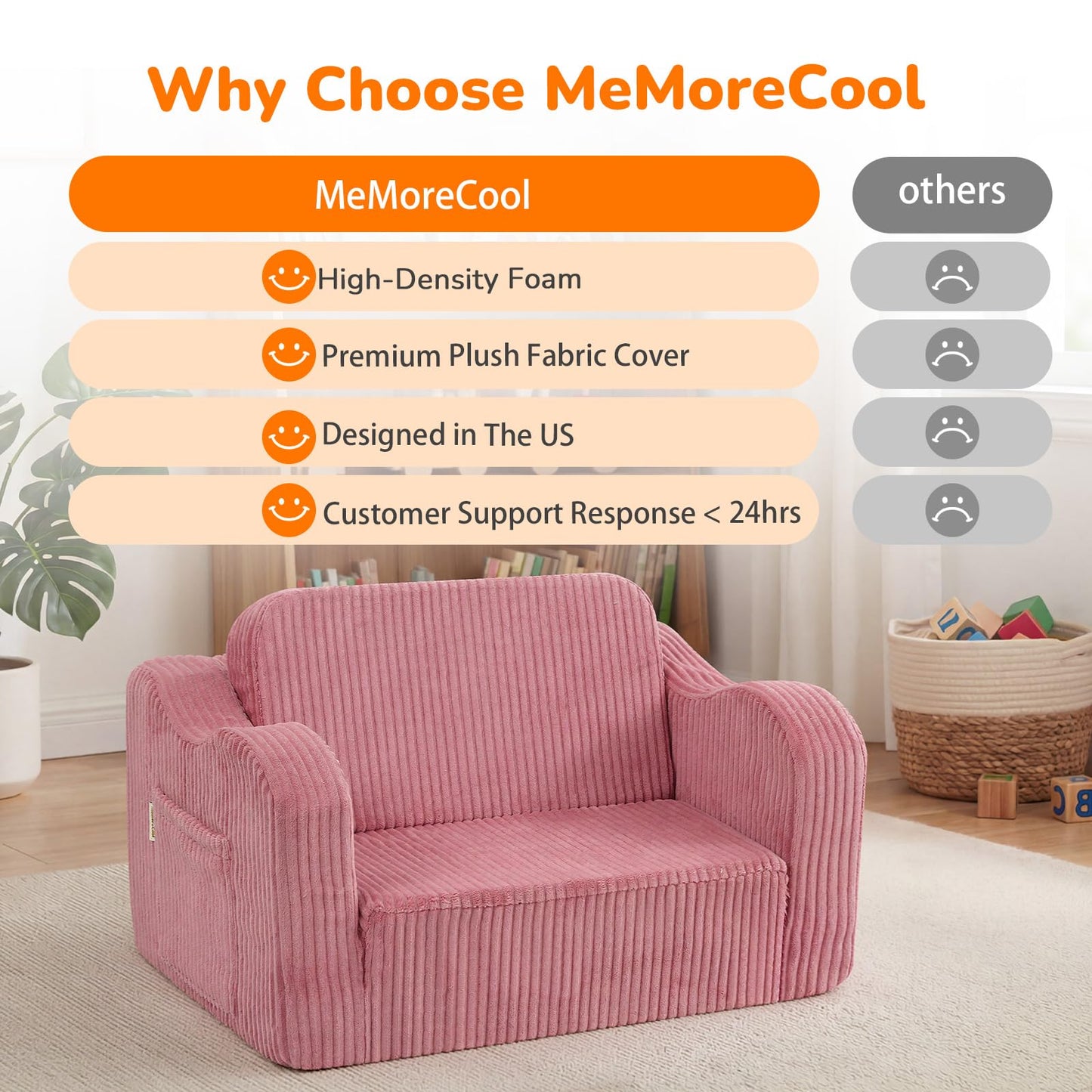 MeMoreCool Corduroy Pink Kids Chair, 2-in-1 Kids Couch Fold Out to Recliner for Girls, Comfy Foam Sofa for Ages 3+ with Washable Cover for Playroom and Bedroom