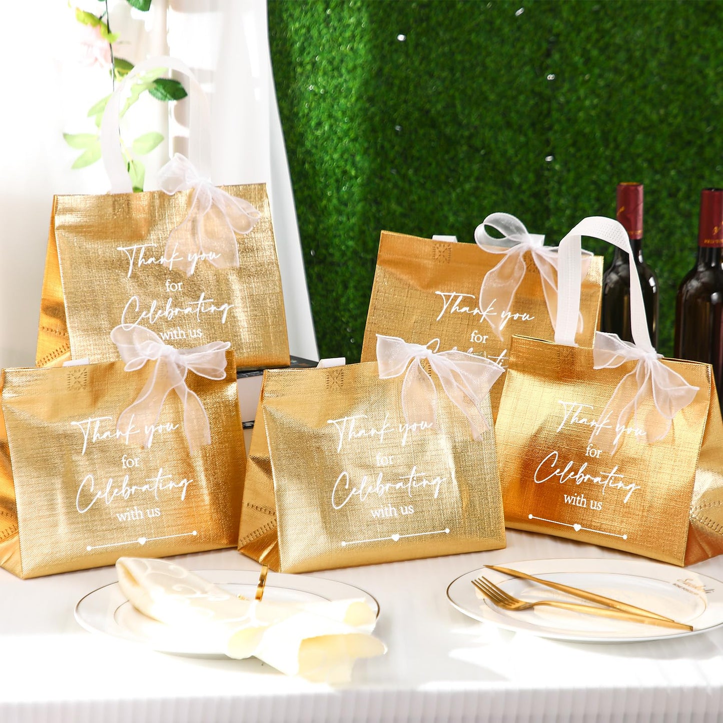 CHENGU 100 Pcs Thank You for Celebrating with Us Wedding Gift Bags for Hotel Guests Bulk Welcome Bags Reusable Non Woven Tote with Handle for Bridal Shower Party Favor(Gold)