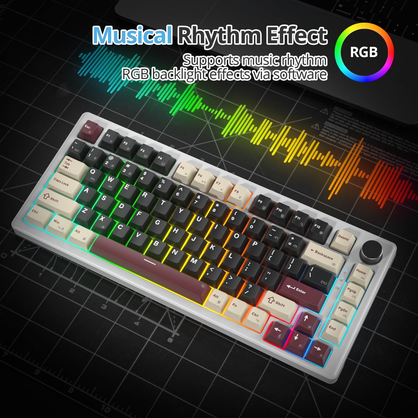 SbocKeeb 75% Mechanical Keyboard Gasket with Knob, Custom Wired Creamy Gaming Keyboard TKL 75 Percent Hot Swappable RGB Backlit, Pre-lubed Switch for Win/MAC（Roma/White Switch）