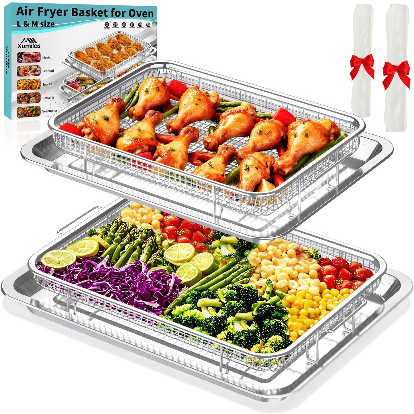 Xumilas 304 Stainless Steel Air Fryer Basket for Oven - 2 Pack Crisper Tray & Mesh Rack Set (15"x11" & 12.8"x9.7") with 60 Parchment Papers, Air Fry Pan for Bacon Fries Vegetables - Family Size