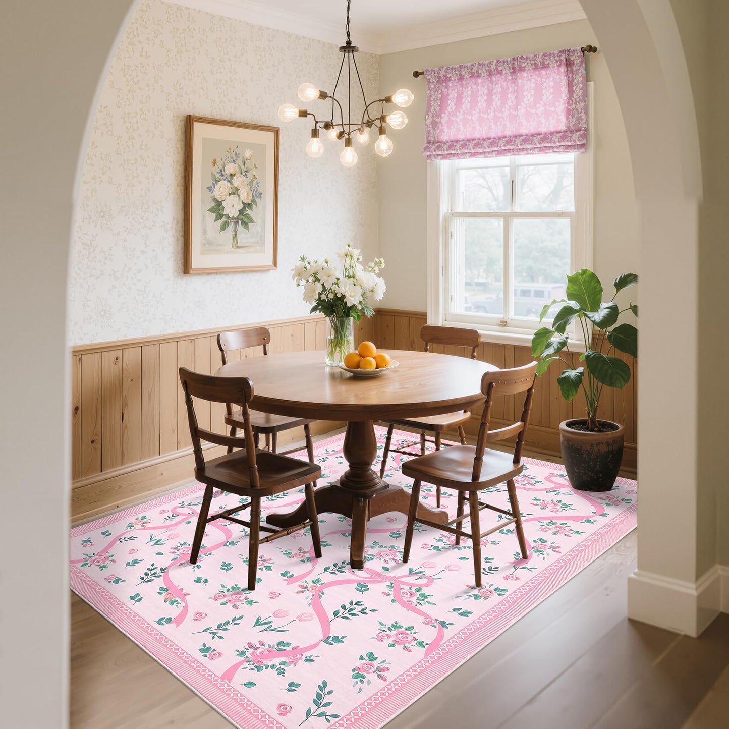 GarveeHome Coquette Pink Bow Rugs for Bedroom Girls, 5x7 Area Rugs for Living Room with Soft Low Pile, Non Slip Floral Washable Rug 5x7 for Nursery Kids Playroom Dining Room College Dorm Girl Rug