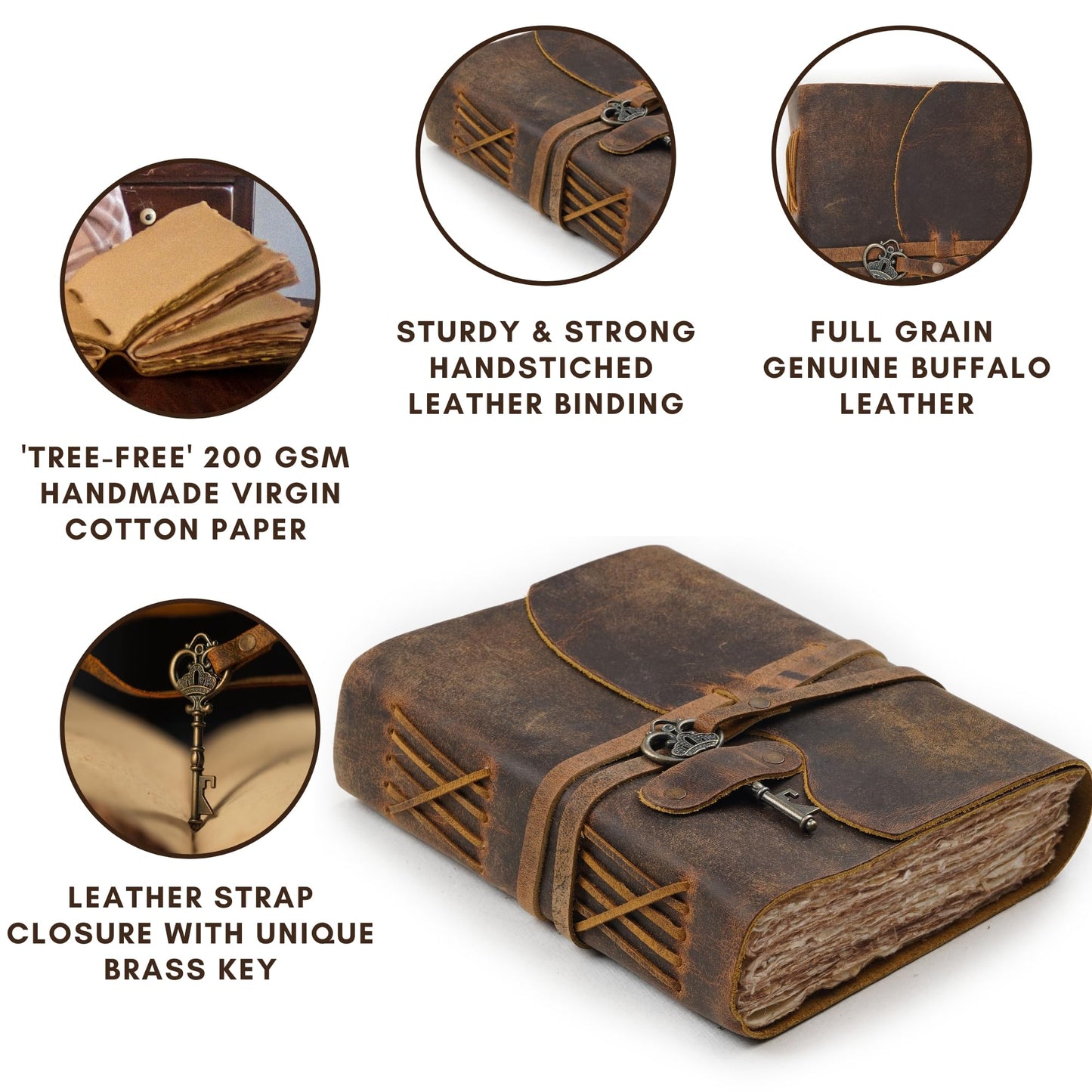 LEATHER VILLAGE Vintage Leather Journal – 200 Handmade Vintage Deckle Edge Paper – Leather bound Journal For Women Men – Vintage Key Closure - Book of Shadows - Cappuccino Brown - 13X8 inches