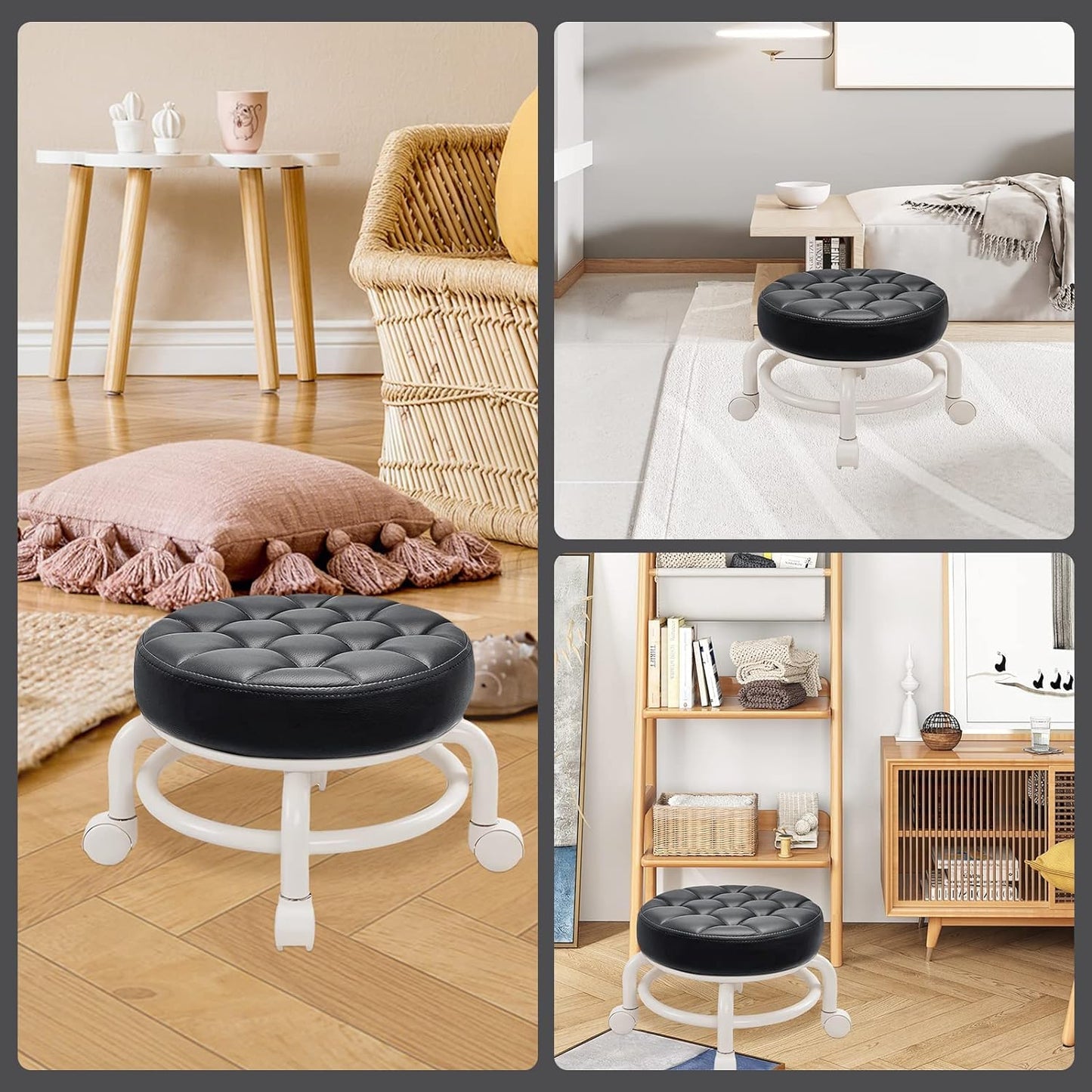 KELAICAIONE 360 Rotating Low Stool，Rolling Pulley Stool, Low Stool with Wheels, Shoe Changing Makeup Cleaning with Wheels, Pedicure, Massage SPA and Home (Black)