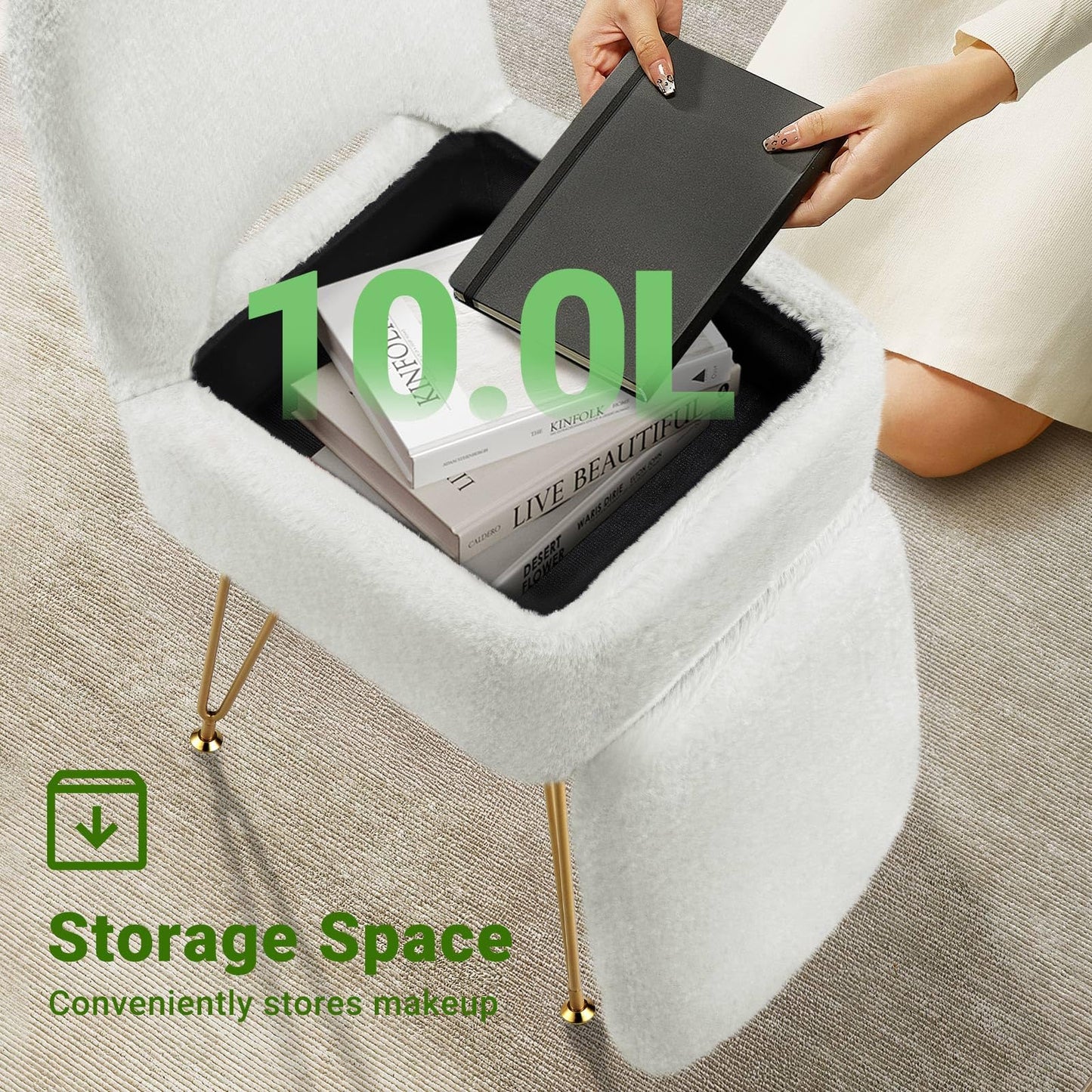 GREENSTELL Vanity Stool Chair with Storage and Folding Back, 13.4" x 15" x 30" Square Faux Fur Soft Ottoman, 4 Metal Legs with Anti-Slip Feet, Furry Padded Seat for Makeup, Bedroom, White