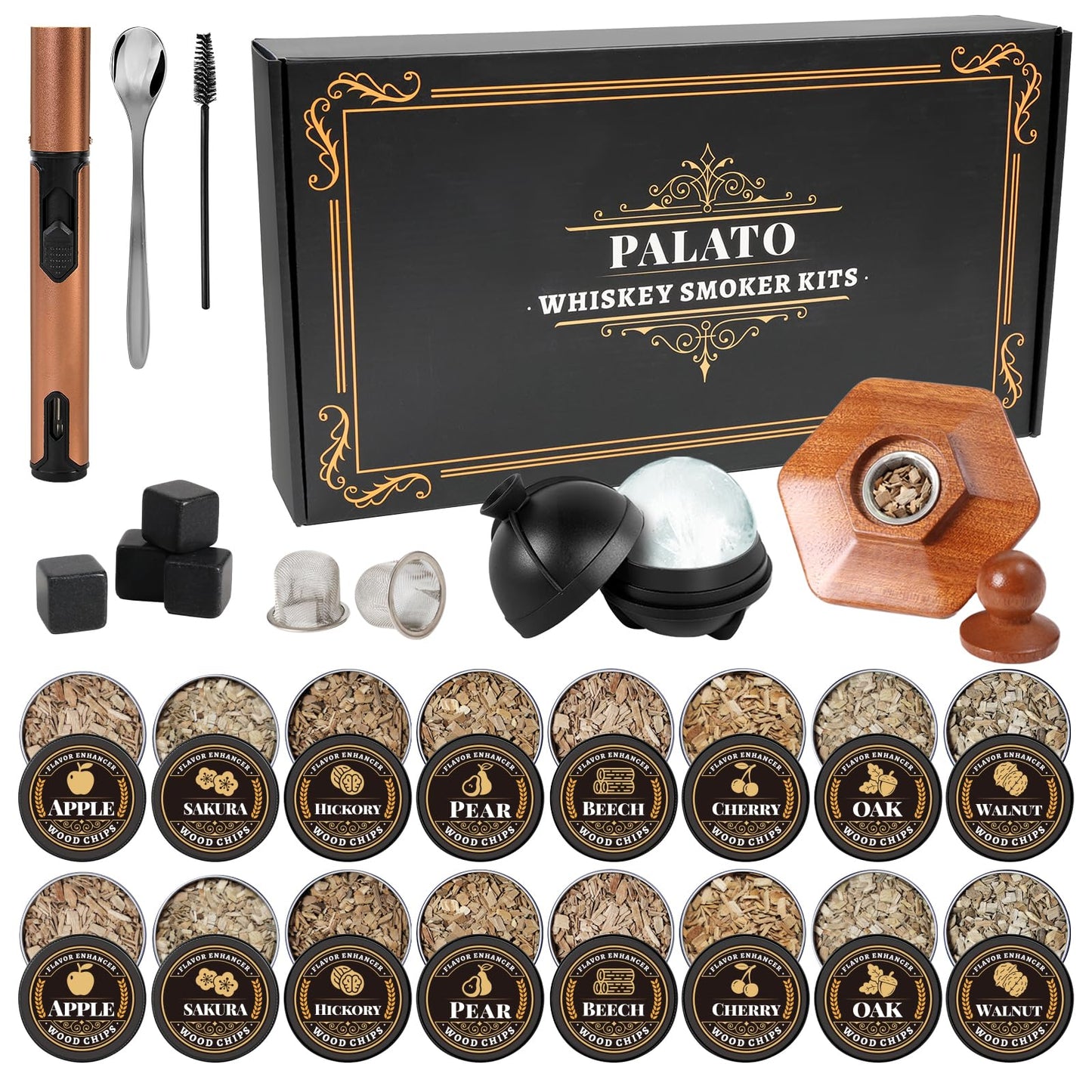 27Pcs Whiskey Smoker Kit- 16 Wood Chips,Ice Ball Molds, Cocktail Smoker Infuser Kit, Old Fashioned Drink Smoker Kit, Birthday Bourbon Whiskey Gifts for Husband,Men,Dad(No Butane)