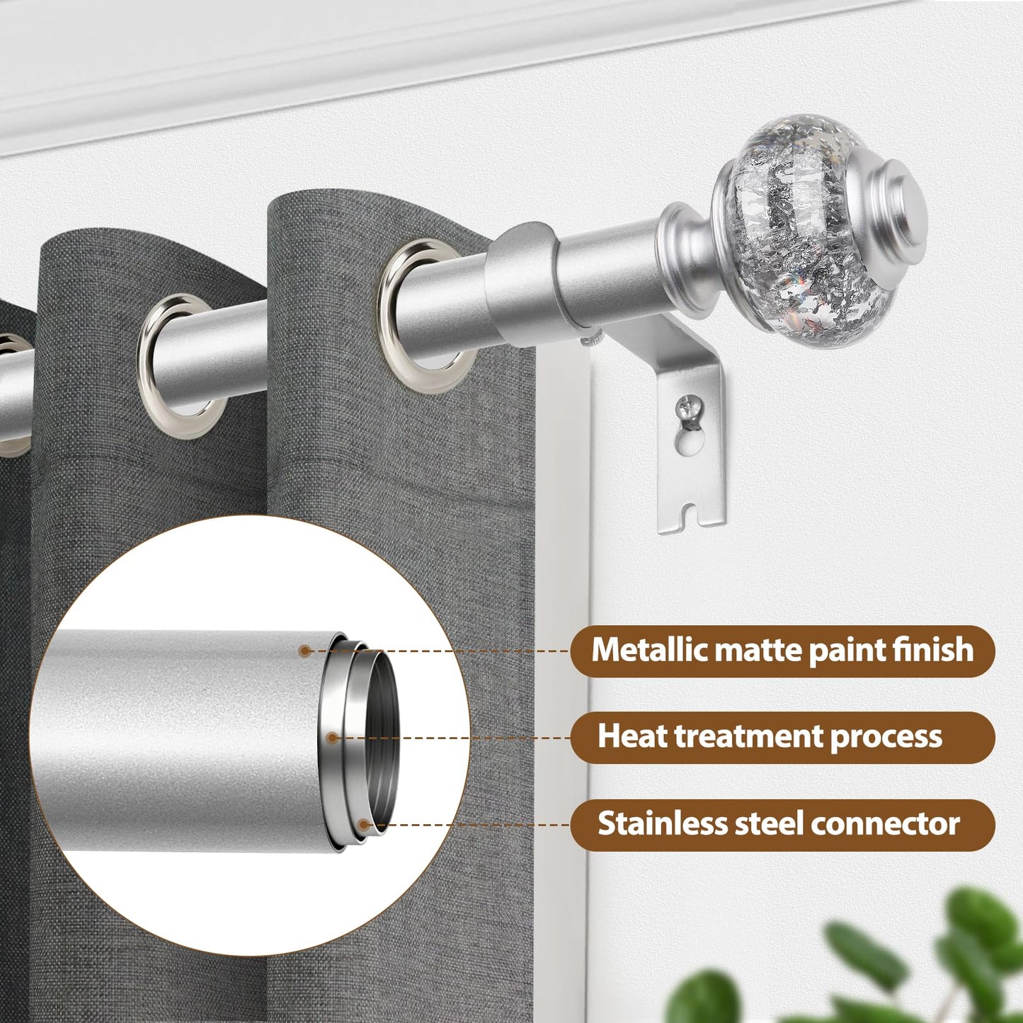 USFOOK 2 Pack Silver Curtain Rods for Windows 48 to 84 Inch, 7/8 inch Telescoping Splicing Drapery Rods 32 to 86 Inch, Decoration for Home with Decorative Translucent Finials