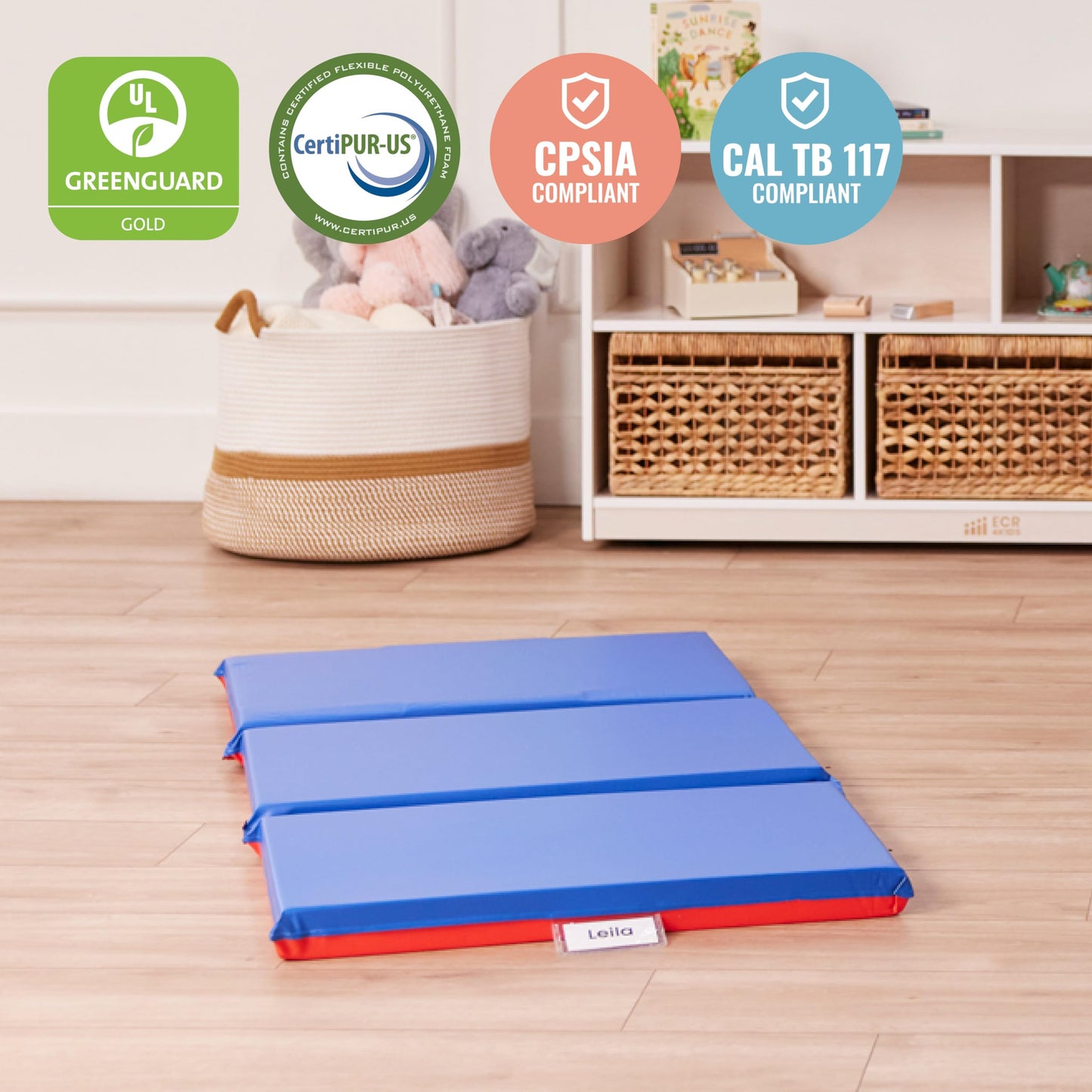 ECR4Kids Premium Folding Rest Mat, 3-Section, 2in, Sleeping Pad, Blue/Red