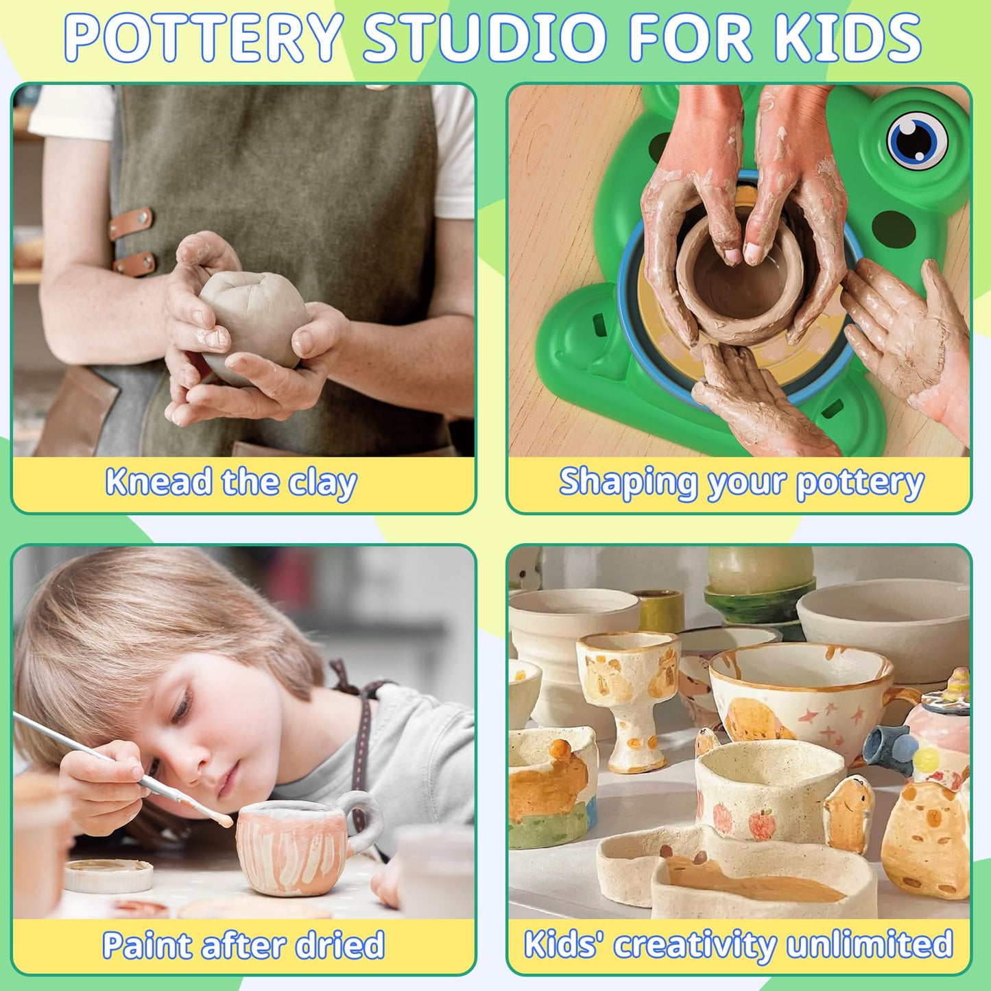 Pottery Wheel for Kids - Complete Pottery Painting Kit Arts and Crafts for Kids Ages 8-12 with 1.65lb Air Dry Clay Art Supplies for Kids Toys Girls Boy Birthday Gift for 6 7 8 9 10 11 12+