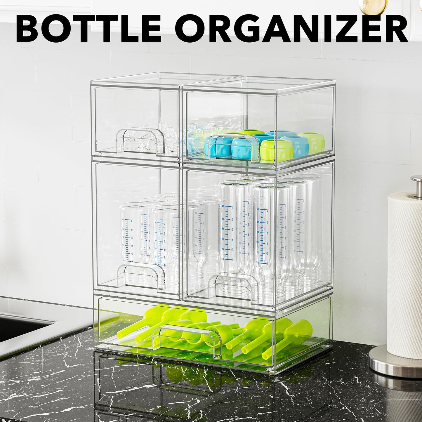 SpaceAid Bottle Storage Organizer Baby - Acrylic Bottles Station Organizer Container, Stackable Clear Drawers for Countertop, Vanity, Bathroom, Cabinet, Pantry Organization, 5 Pack, 2S2M1L, 15.4" H