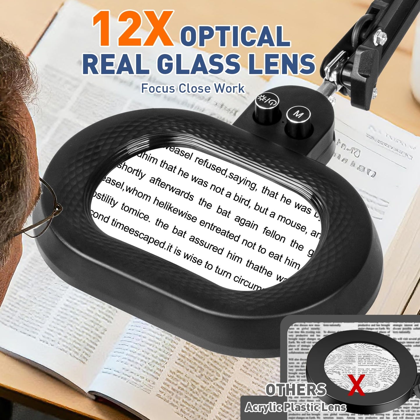 KIRKAS 12X Magnifying Glass with Light Three-axis Rotation, Extra-Long Arm Magnifying Lamp for Workbench Craft Repair, LED Lighted Magnifier Real Glass Lens Overhead Dimming and Color(12X Oval Clamp)