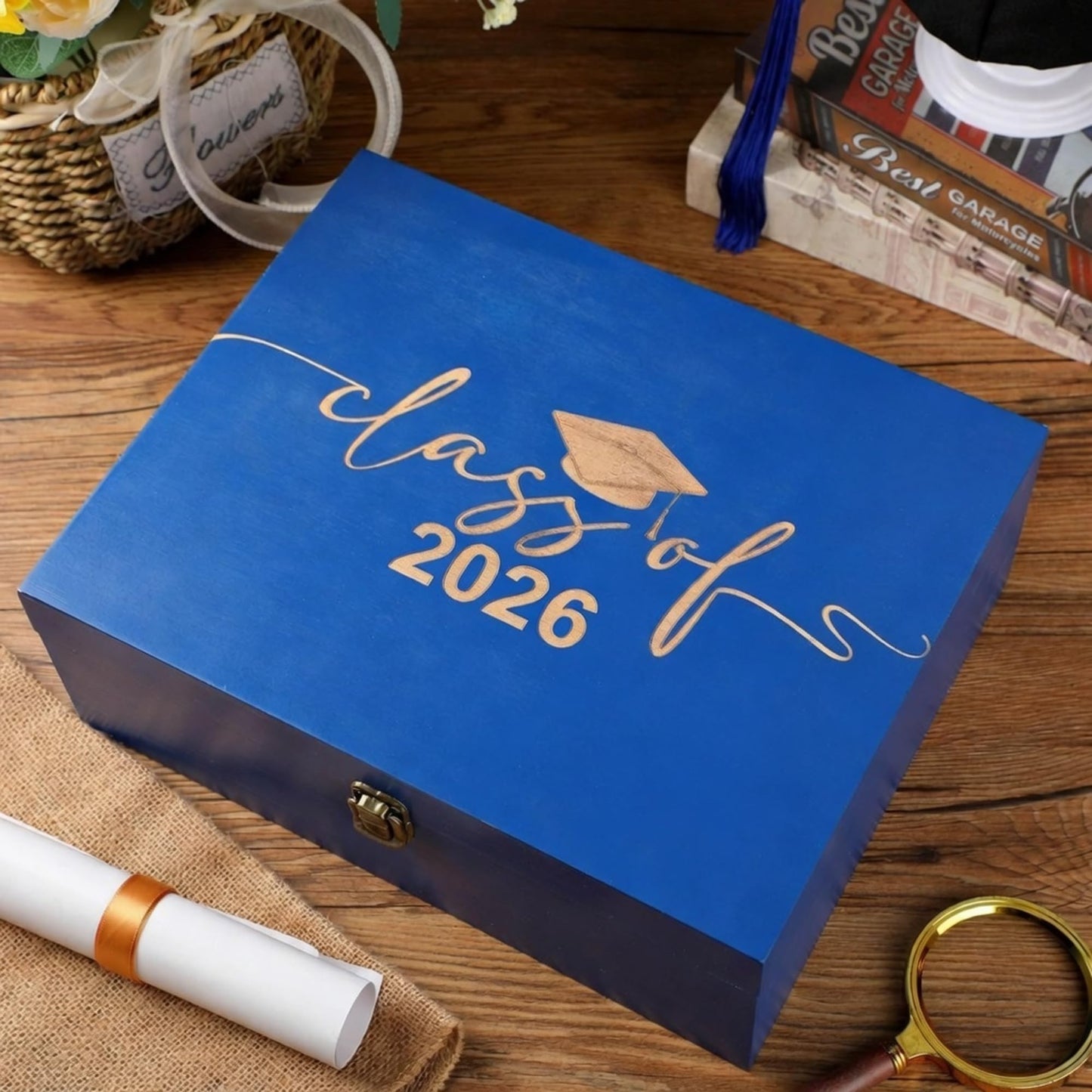 Geelin Graduation Keepsake Wooden Box Class of 2026 Graduation Cap Large Keepsake Box Graduate Wooden Engraving Memento Case for High School College Memory Gifts 13 x 10.5X 5inch(Blue)