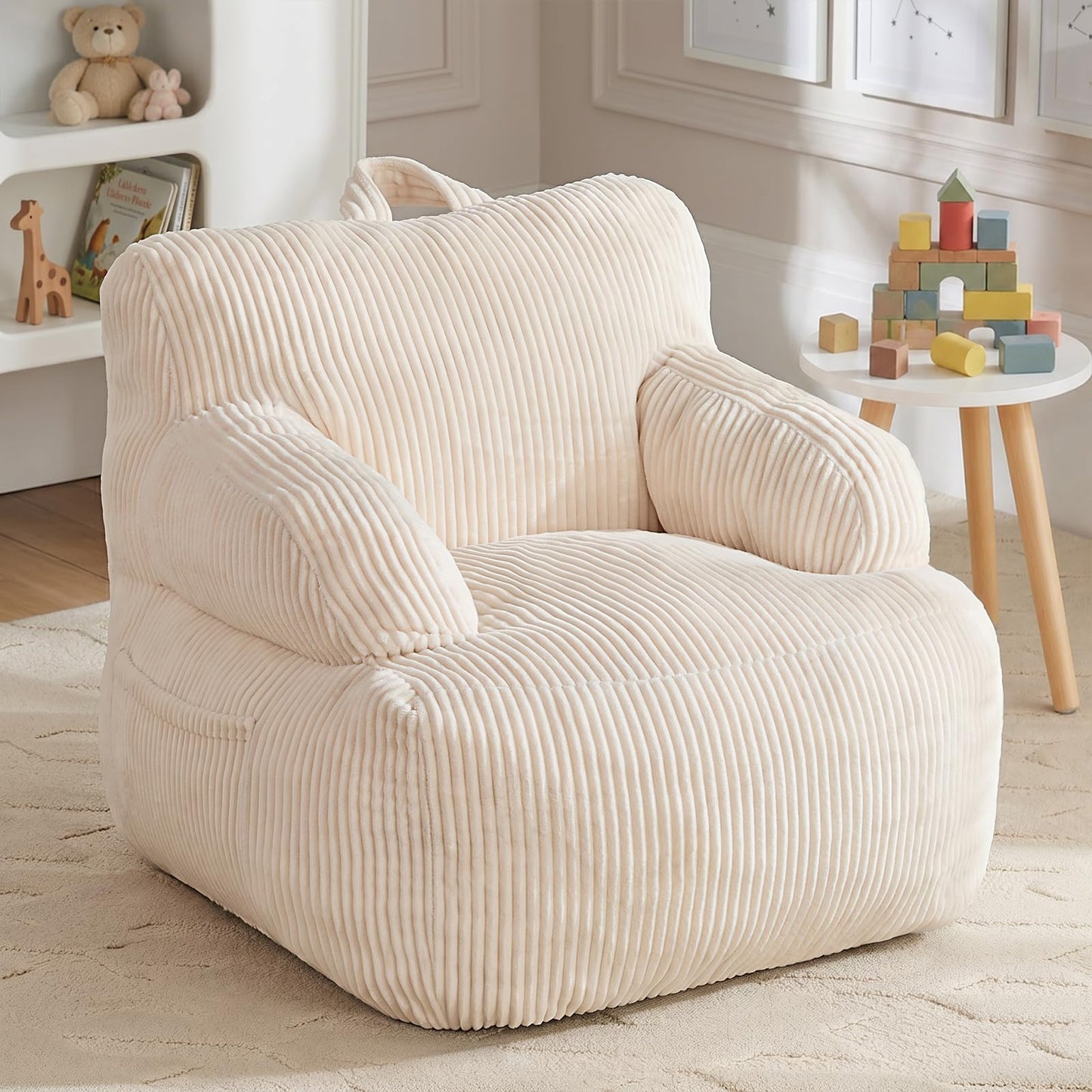 Bean Bag Chairs for Kids with Armrests, Comfy Kids Bean Bag Chair, Stuffed Toddler Bean Bag Sofa for Boys and Girls, Small Bean Bags for with Pocket, Floor Chair for Gaming, Reading & Relaxing, Beige
