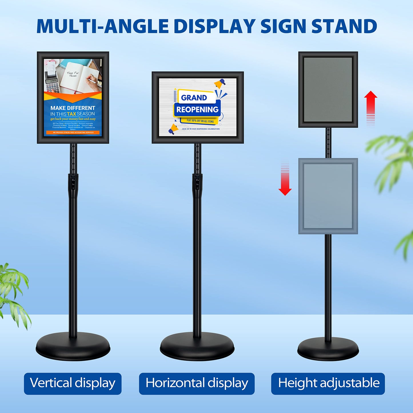 VAIIGO 2Pack 8.5x11 Inch Adjustable Pedestal Poster Sign Stand, Heavy Duty Floor Standing Sign Holder Stand Aluminum Snap Open Frame for Vertical and Horizontal View Sign Displayed(Black)