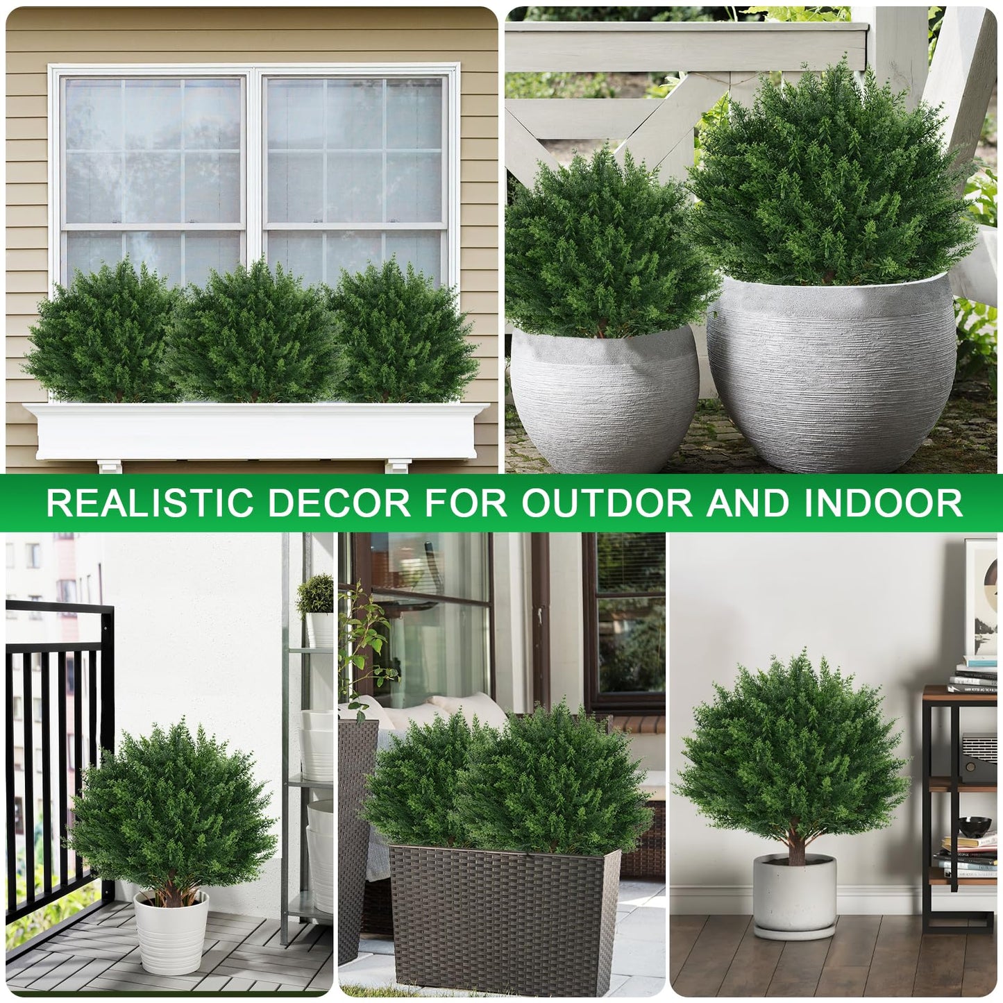 EverNature 2Pack Artificial Cedar Topiary Ball Trees, 16'' UV Resistant Fake Evergreen Shrubs Bushes Plants with Ground Spike Fake Plants for Outdoor Indoor Front Porch Garden