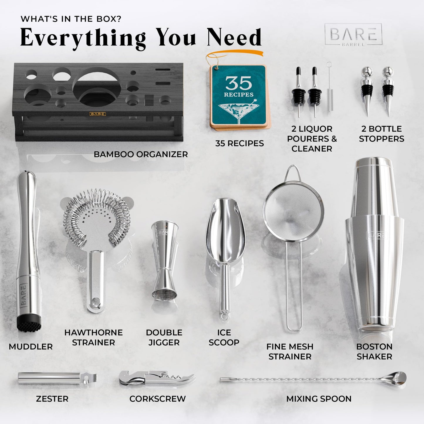 BARE BARREL® Mixology Bartender Kit Bar Set | 16-Piece Cocktail Shaker Set | Martini Barware Mixing Tools for Home Bartending | Incl. 35 Recipe Cards | Gift Set (28oz Boston Shaker, Silver/Black)