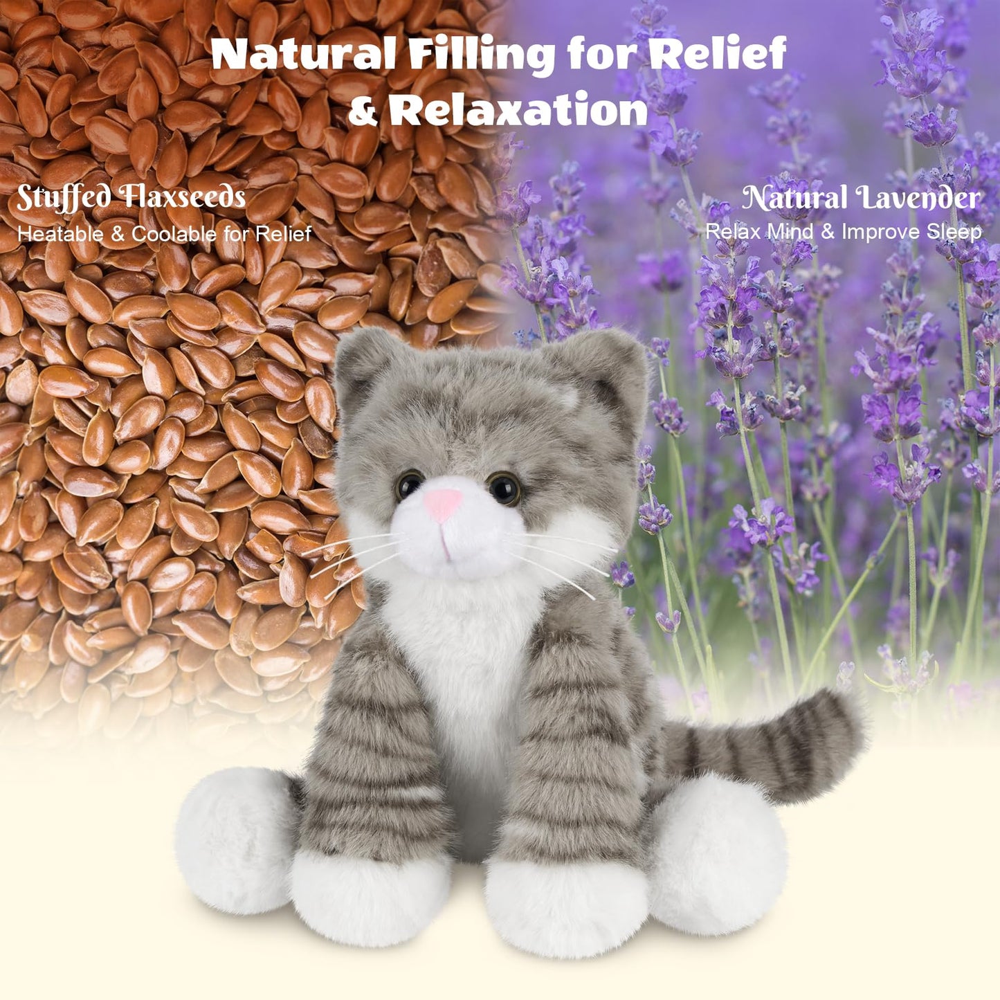 SuzziPals Heatable & Coolable Grey Cats Stuffed Animals, Microwave Heating Pad Animal for Discomfort, Grey Cats Plush for Companion, Cat Plushies Stuffed Animal, Stuffed Cat Toys Gift