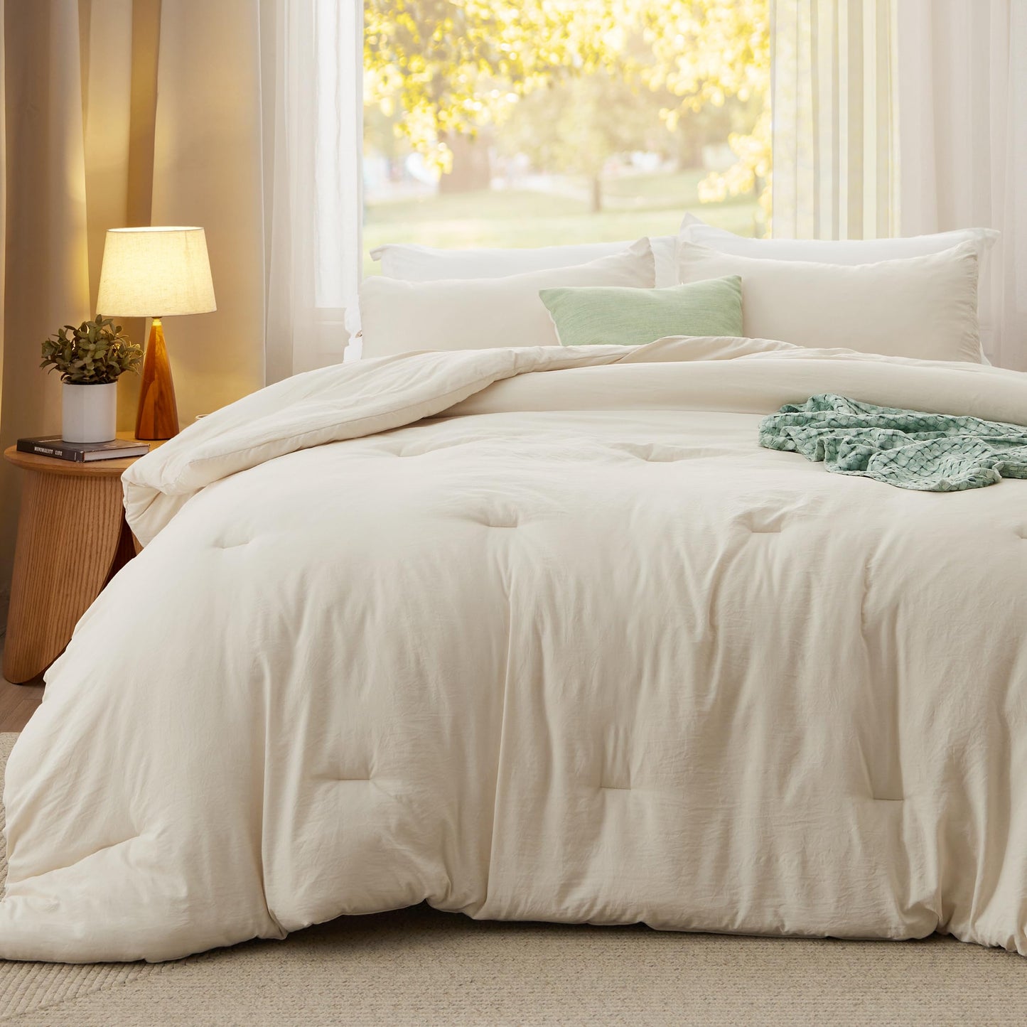 Bedsure Oversized Queen Comforter Set, Cream Soft Prewashed Bedding for All Seasons, 3 Pieces GentleSoft™ Bed Set, 1 Lightweight Comforter (98"x98") and 2 Pillowcases (20"x26")