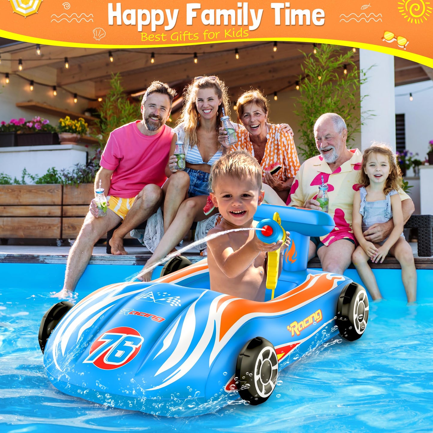 ZIZZ Pool Floats Kids Toys with Water Gun - Inflatable Ride-on Pool Toys for Kids Ages 4-8 Race Car Toddlers Pool Float Summer Outdoor Swimming Pool Toys Games for Boys Girls Fun Summer Water Toys
