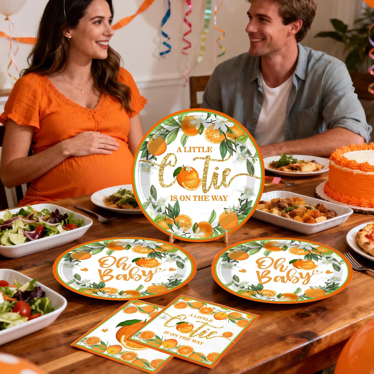 Fexivo 279 PCS A Little Cutie Is On The Way Decorations, All-in-One Orange Baby Shower Party Pack With Balloon, Backdrop, Plates and Napkins, for Little Cutie Baby Shower, Service 25