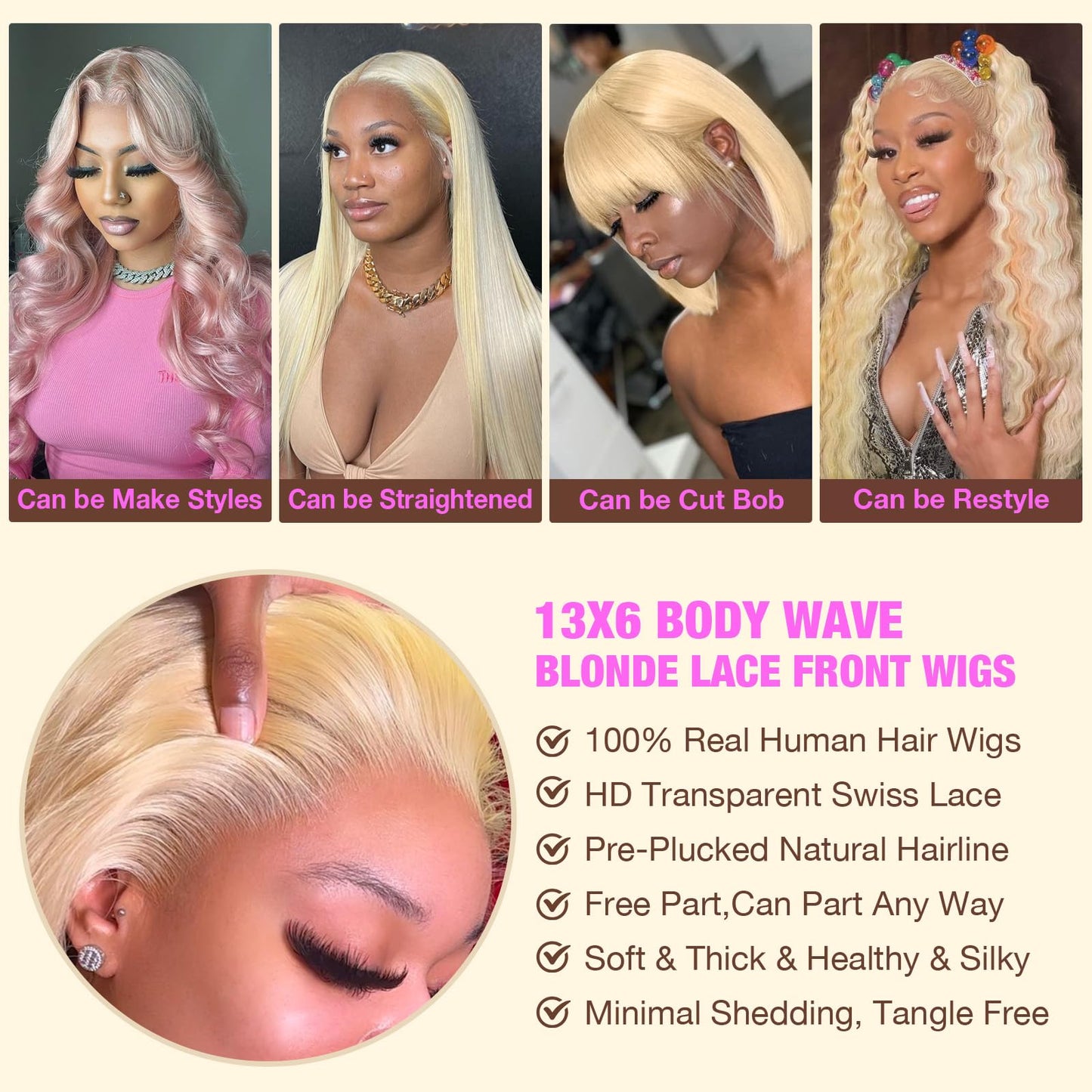 NKMR 613 Lace Front Wig Human Hair 13x6 Blonde Wig Human Hair 180 Density HD Transparent Body Wave Lace Front Wigs Pre Plucked with Baby Hair(24Inch)