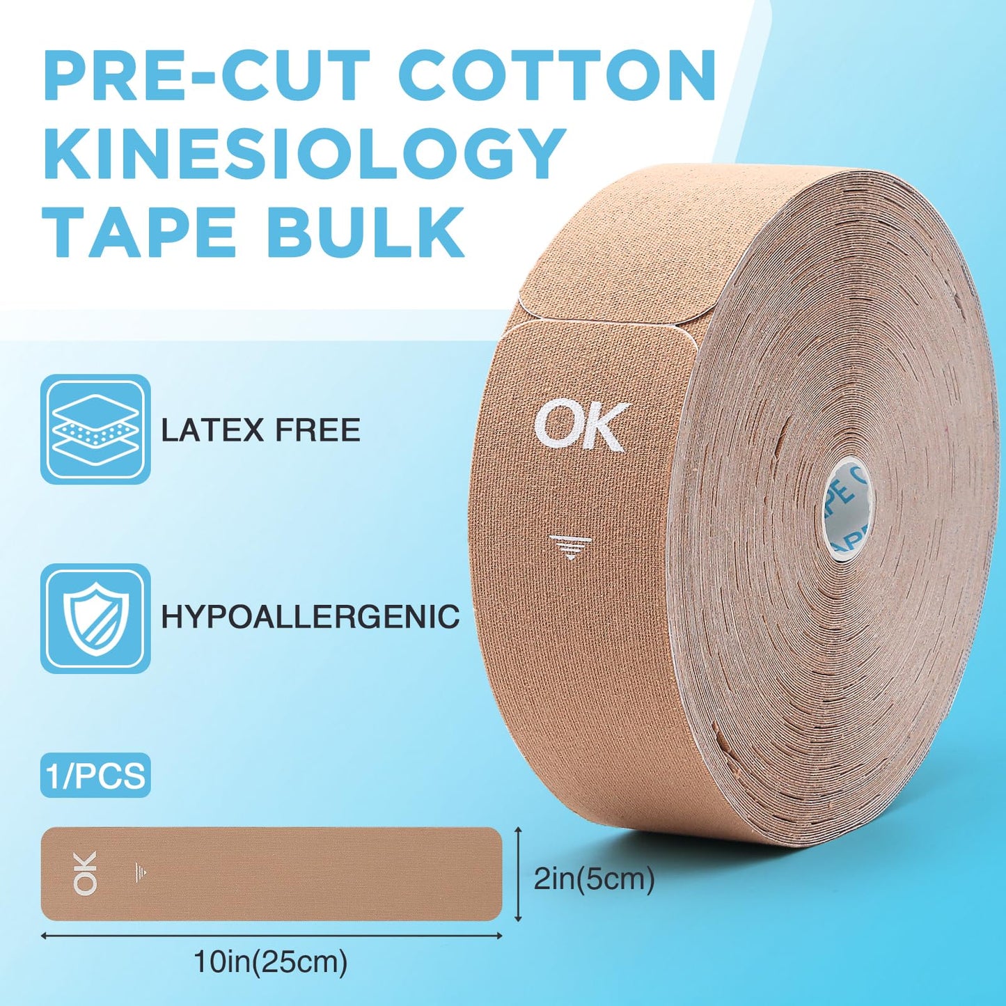 OK TAPE Kinesiology Tape Pre Cut Strips Bulk (150 PCS),Elastic Cotton Latex Free Hypoallergenic Athletic Tape Roll for Muscle Joint Knee,Waterproof k Tape 2in×10in/PCS