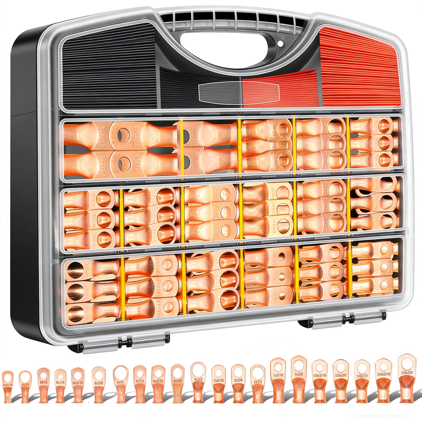 Twidec/230PCS Battery Cable Ends Kit AWG 8 6 4 2 1 1/0 2/0 Heavy Duty Copper Lugs Copper Cable Wire Lugs,Coppers Ring Terminals Connectors with Heat Shrink Tube N-099-230PCS