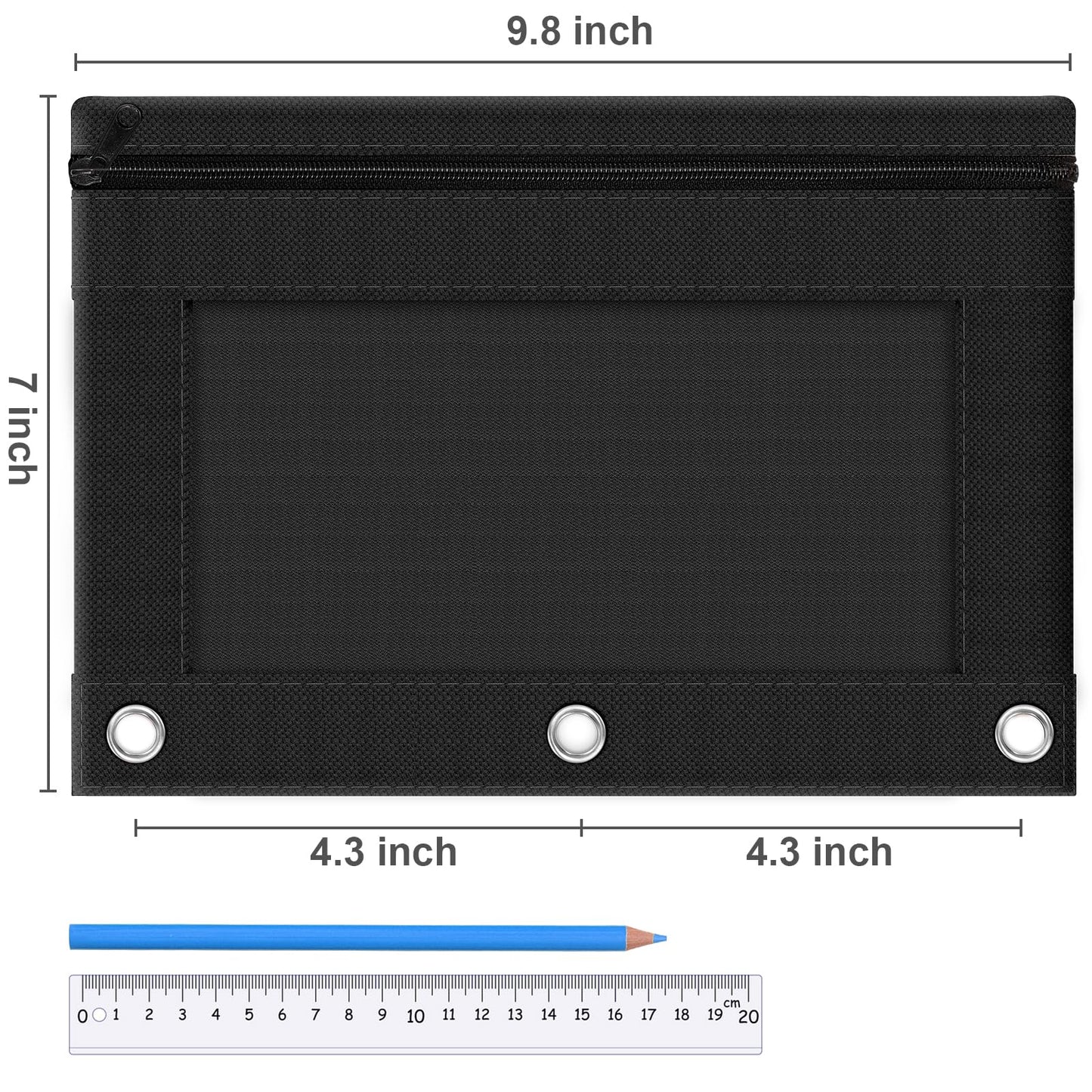Officygnet Pencil Pouch for 3 Ring Binder, 36 Pack Bulk Black 3-Hole Zipper Pencil Pouches with Clear Window, Sturdy and Durable Cloth Pencil Case for School Office College Supplies