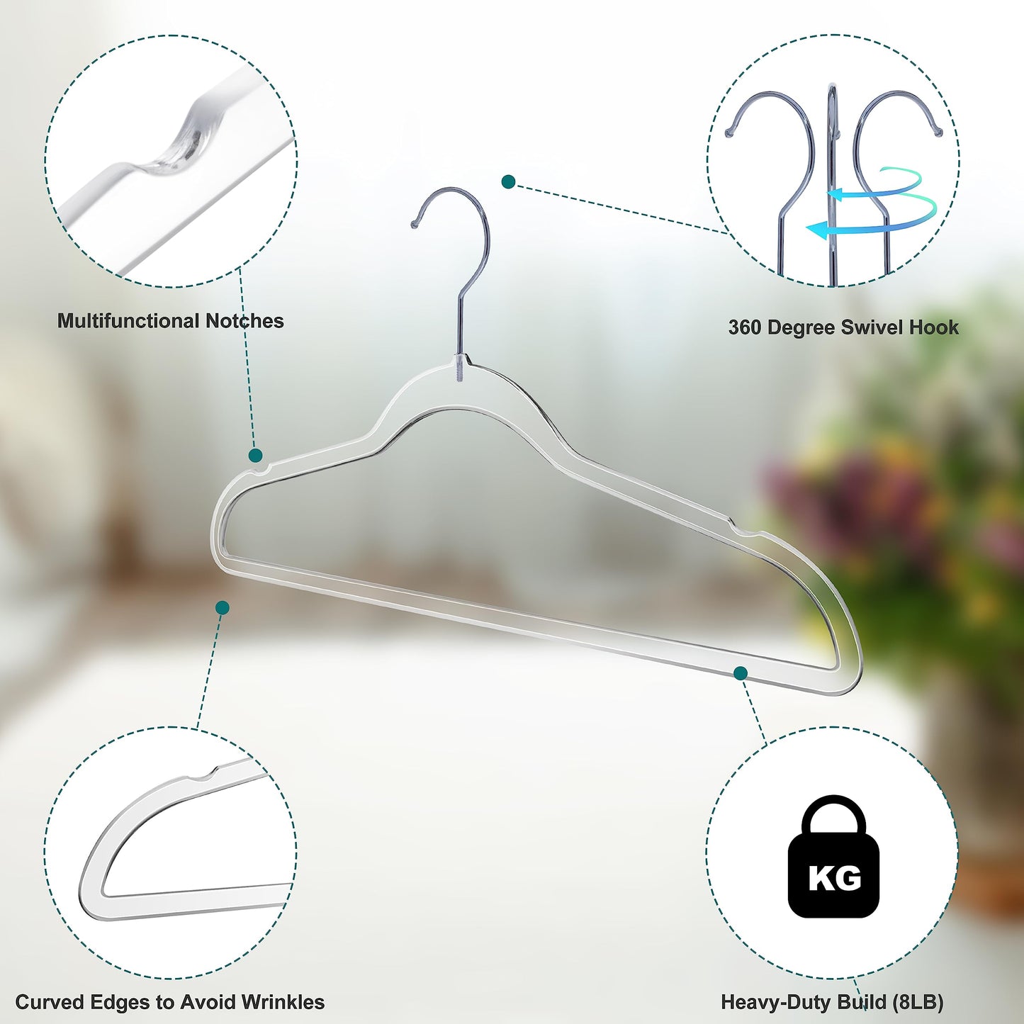 Quality Hangers Plastic Hangers for Clothes | 50 Pack - 17.5 Inch | Heavy Duty Space Saving Crystal Clear Acrylic | 360 Degree Swivel Hook and Notches (Clear)