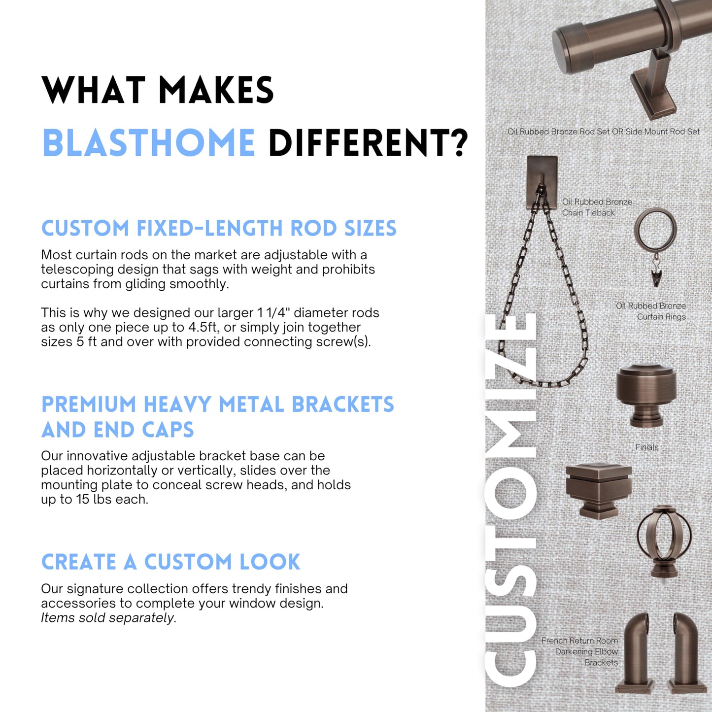BlastHome® Luxury Curtain Rings - Premium Metal - Quiet, Smooth, Removable Nylon Inserts - Pinhooks & Clips Included - 1 1/2" Inside Diameter - 18 Rings for Two Standard Curtains - Oil Rubbed Bronze