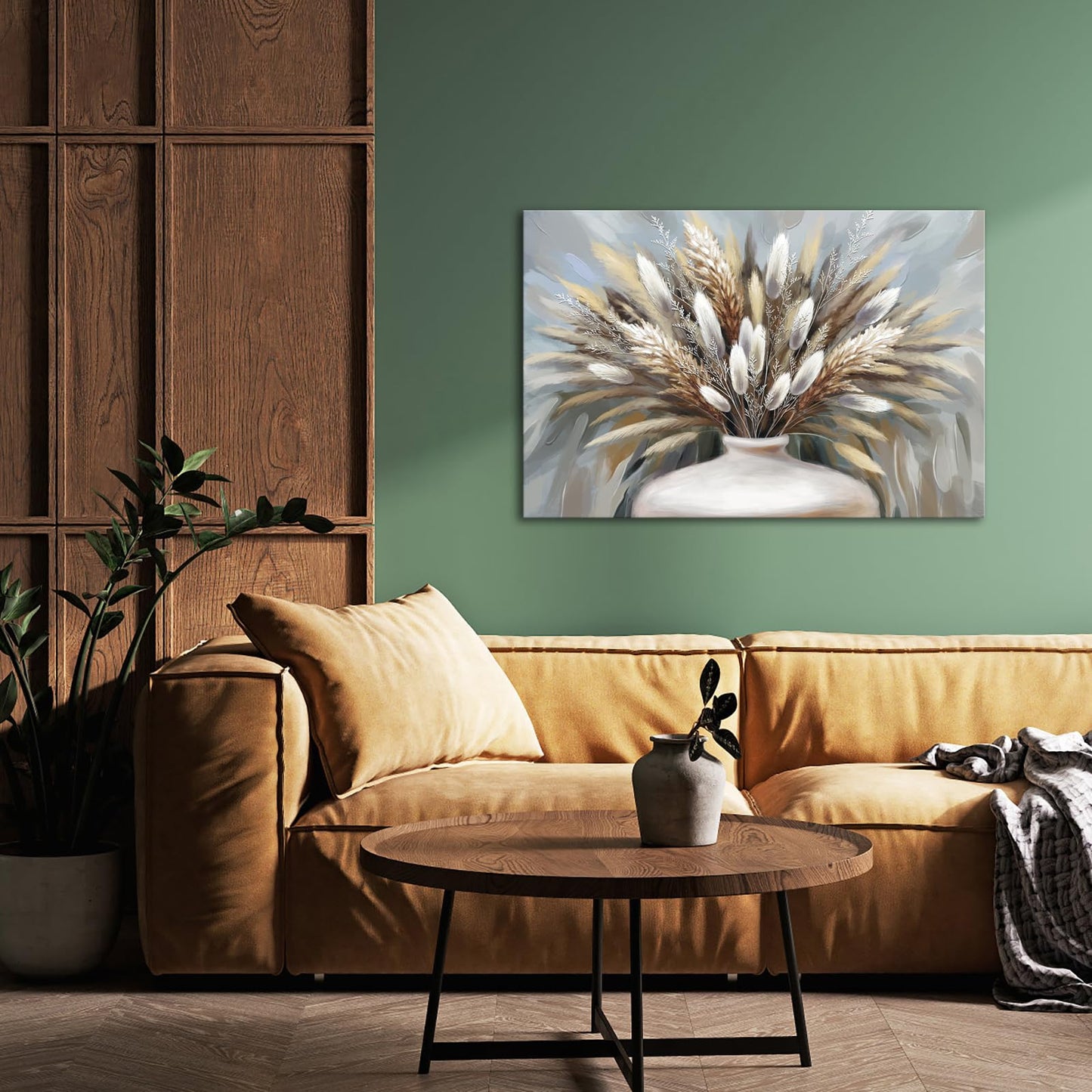 iHAPPYWALL Large Pampas Grass Wall Art Boho Botanical Plant Farmhouse Decoration Dried Floral Grass in Vase Canvas Prints for Home Kitchen Bedroom Ready to Hang 24x36inch