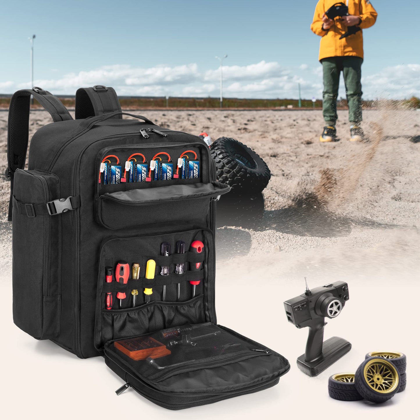GOBUROS RC Backpack for 1/10 Car, RC Storage Bag with Multi Pockets for Tools and Other Accessories, Easy Carrying with Adjustable Shoulder Strap (Patent Design)