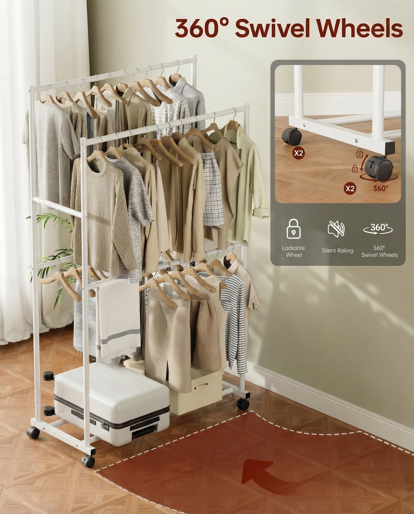 Heavy Duty Clothes Rack - 41.3" x 21.7" x 76.8", 4-Bar Double Rod Rolling Metal Clothing Rack for Hanging Clothes, Portable Garment Rack with Wheels for Bedroom Laundry, Closet Wardrobe, White