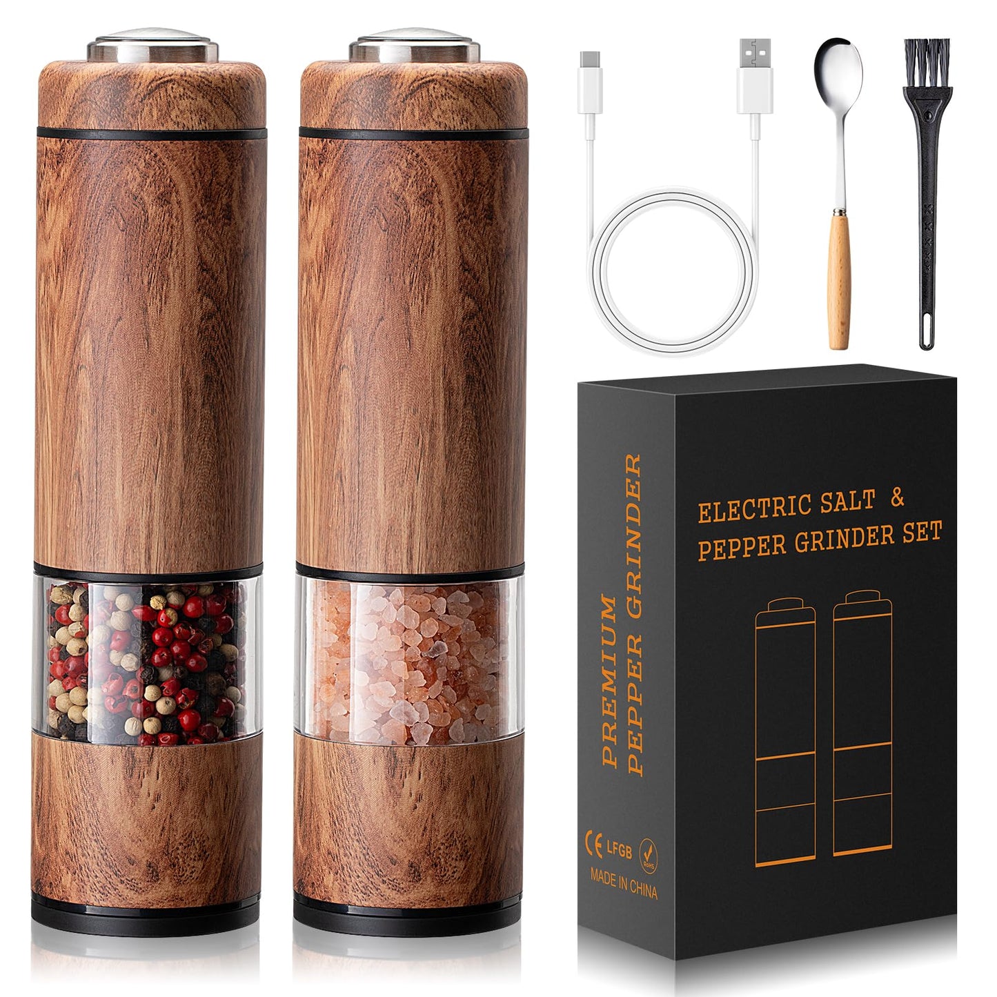 Electric Salt and Pepper Grinder Set Rechargeable – Automatic Salt and Pepper Shakers with Adjustable Coarseness, LED Light, One-Hand Operation Salt and Pepper Shakers Set (Wood Grain)