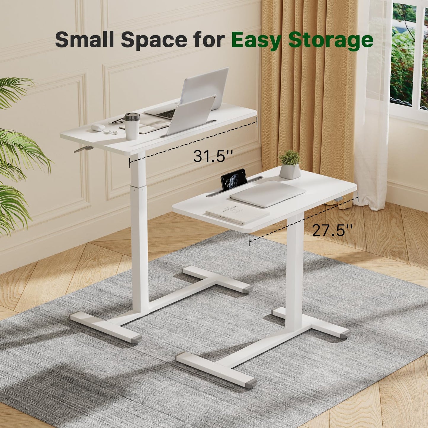 Gibbon Mounts Mobile Standing Desk, Pneumatic Adjustable Rolling Desk(27.5 Inches), Portable Laptop Desk with Wheels, Overbed Bedside Table Laptop Table for Couch, Home, Office, White