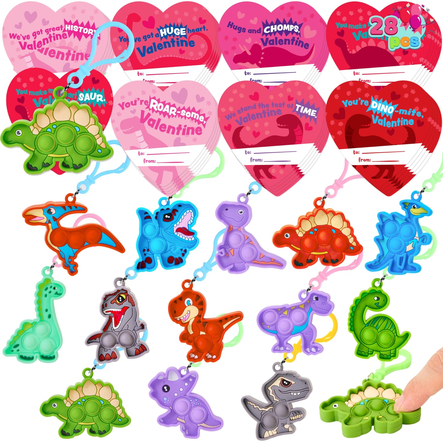 JOYIN 28 Packs Valentine's Day Gift Cards with Pop Keychain Toys, Dinosaur Stress Anxiety Relief Toys with Cards for Kids Valentine's Classroom Exchange Prizes Party Favors
