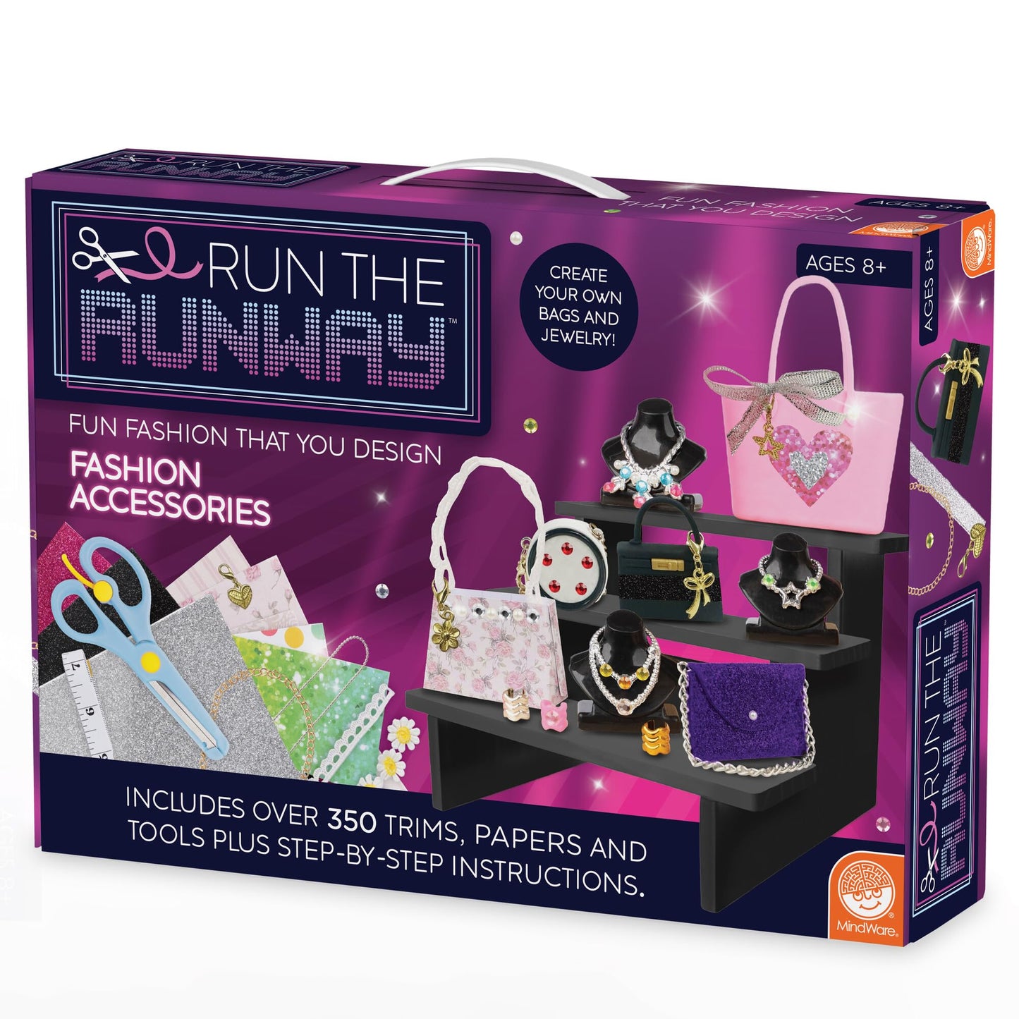 MindWare Run The Runway: Accessories – Fashion Design Kit for Creating Mini Handbags, Clutches, Necklaces & Bracelets – No‑Sew Craft Kit with 350+ Trims, Ribbons, Patterns & Display Stand – Ages 8+