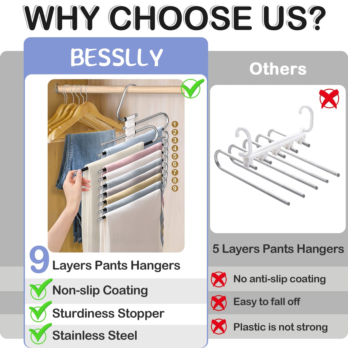 Upgrade 9 Layers Pants Hangers Space Saving, Non Slip Stainless Steel Multifunctional Pants Rack S-Type Clothes Pant Closet Hanger Organizer for Pants Jeans Trousers Scarf Skirts(4 Pack, Antiquewhite)