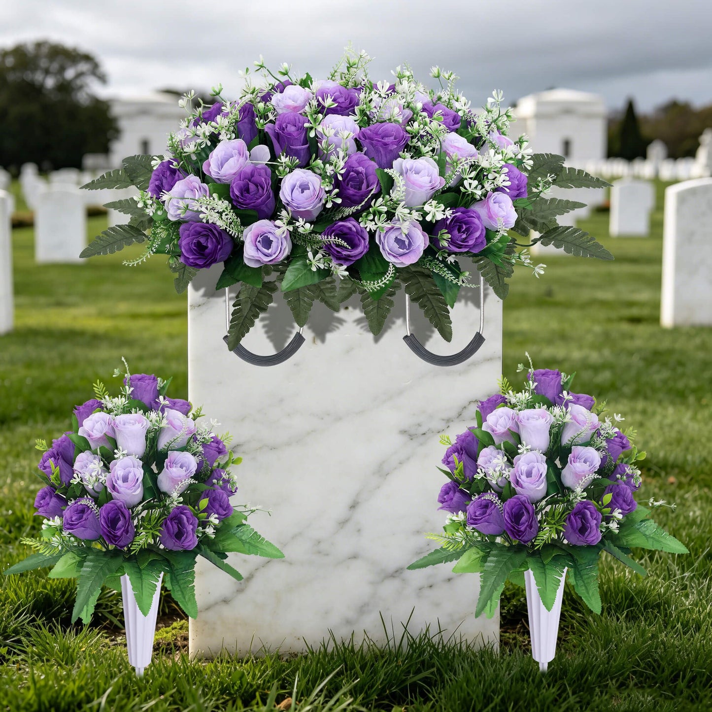 Lodou 3 Sets Cemetery Flowers for Grave,Headstone Flower Saddle,Grave Memorial Flowers with Vase for Cemetery Headstones Decoration(Purple)