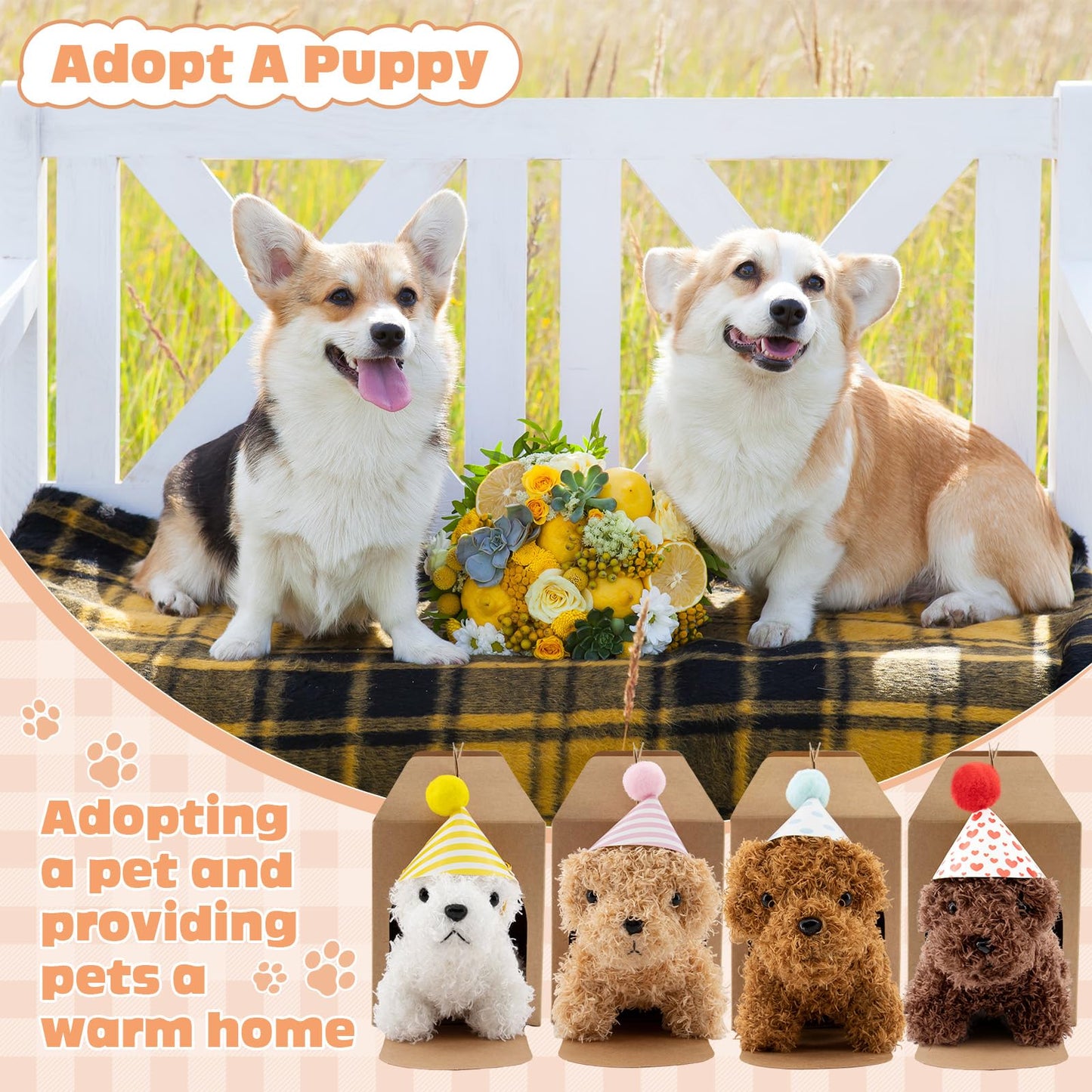Rigibright 90Pcs Adopt A Puppy Party Favors Mini Plush Stuffed Animals Set Includes 24 Mini Dogs Birthday Hats White Plastic Fence with Artificial Lawn for Adopt A Pet Theme Birthday Party