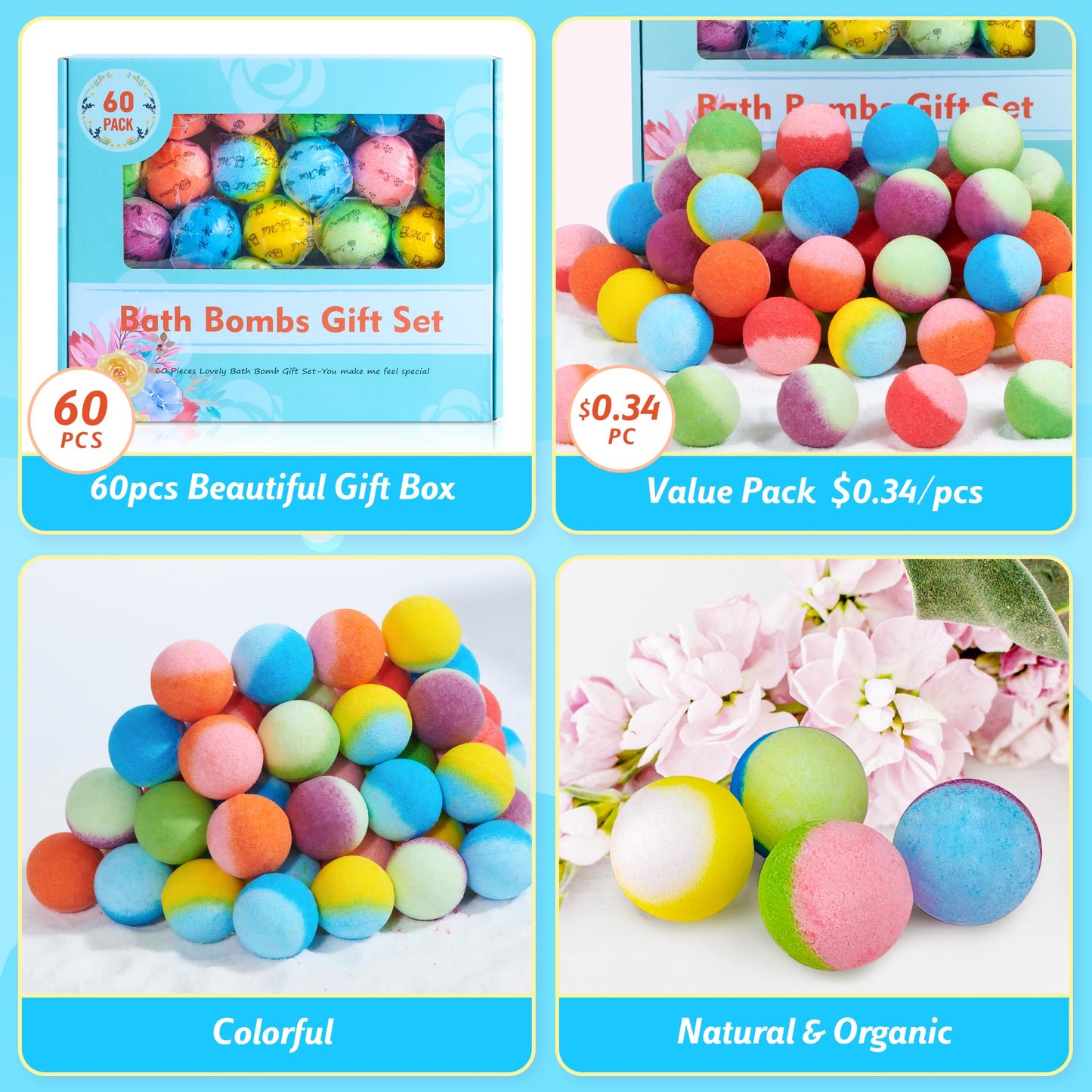 60 Pcs Bath Bombs Set - Massive Quantity Natural Bath Bombs for Kids/Women/Men Individually Wrapped Handmade Bath Bombs & Organic Bath Supplies Relaxing Kit - for Birthday, Christmas, Mother's Day