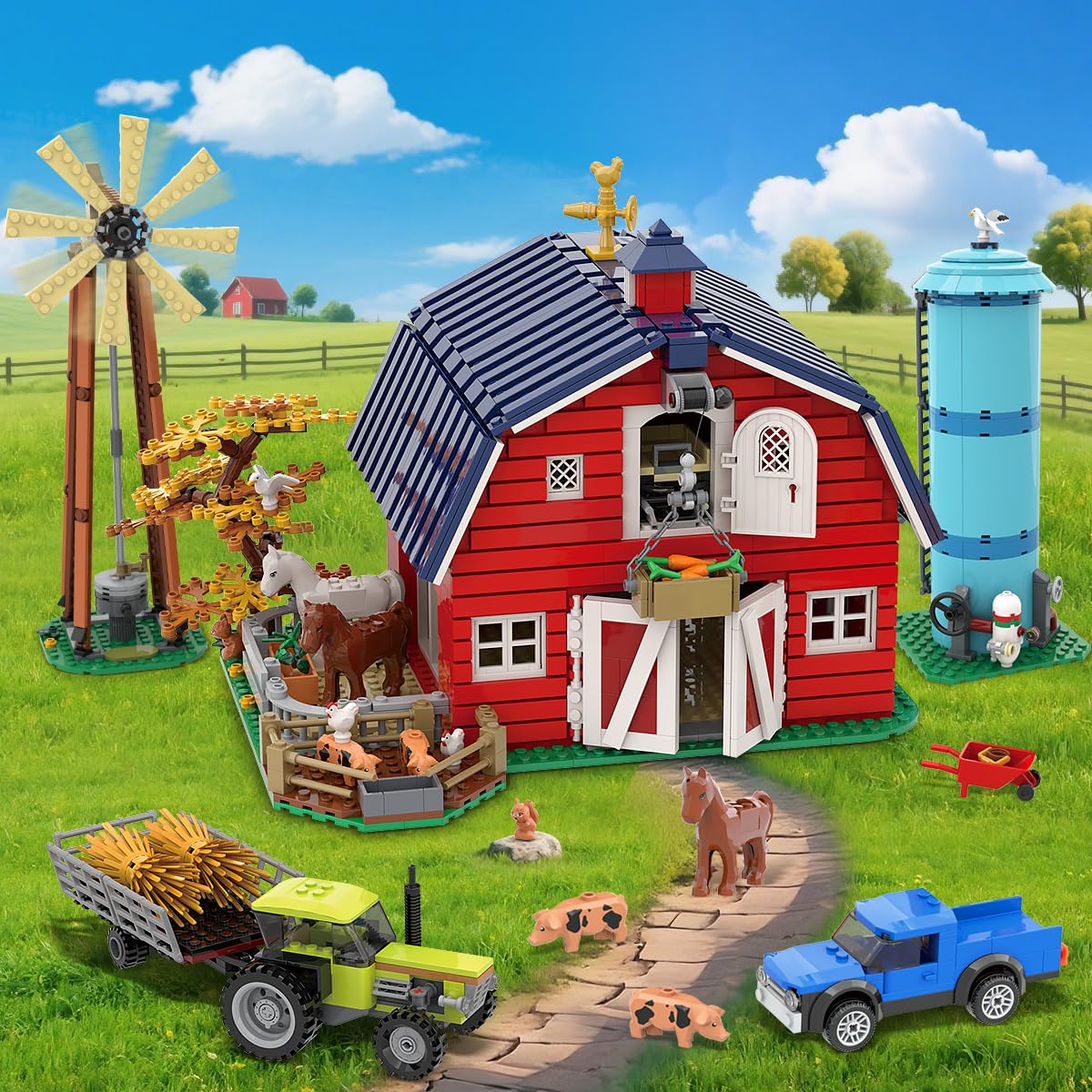 INSOON Western Farm Barn House Building Set with Lights, Newly Enhanced with Reinforced Structure, 1419 PCS Red Barn Building Toy with Animals Horse Tractor Windmill, Gift for Adults Boys Girls 10+