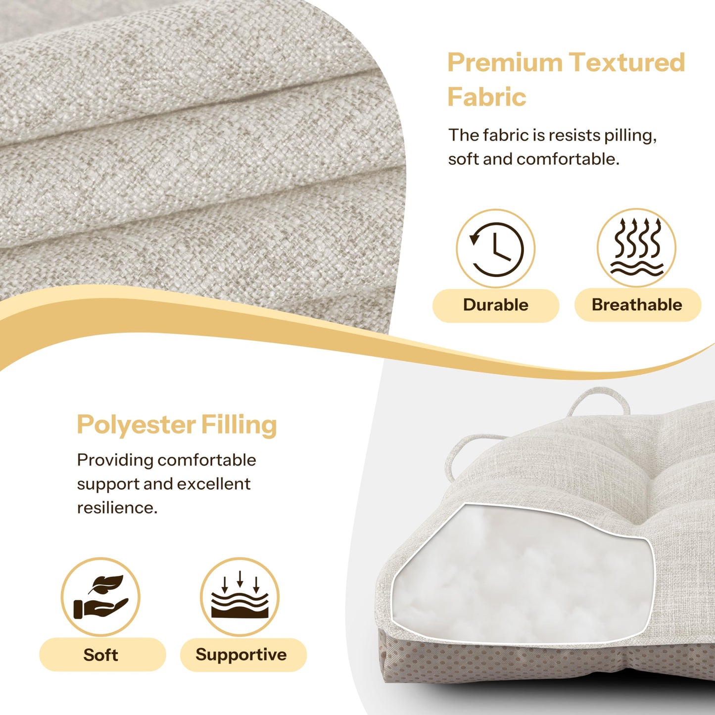 FlyGulls Non Slip Chair Cushions for Dining Chairs Set of 4 Kitchen Chair Cushions 18"x18"x3" Turfted Chair Pads Comfortable and Soft Seat Cushion with Ties, Ivory White