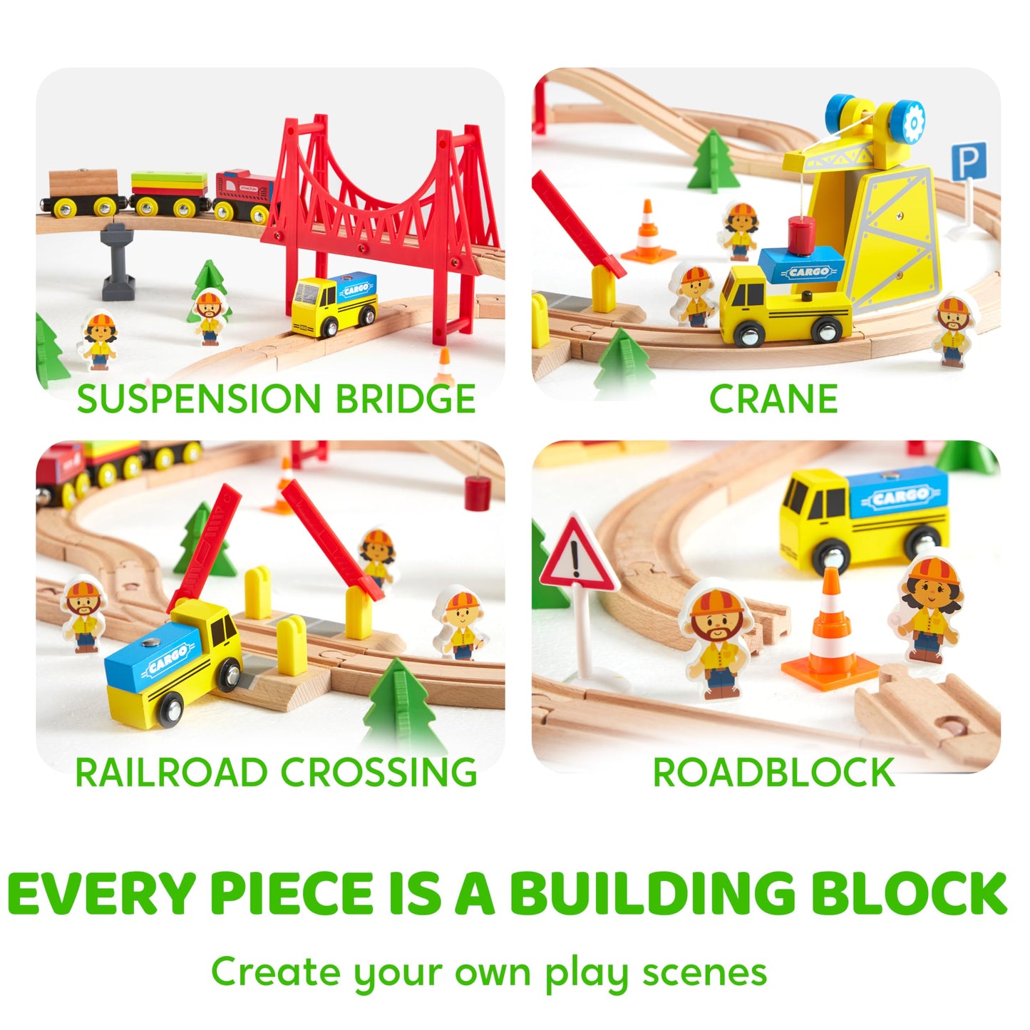 60PCS Wooden Train Set - Construction Express, Engineering Railway with Magnetic Crane, Trains & Accessories, Perfect Christmas Birthday Party Toy Gift for Kids Toddlers Boys Girls Ages 2-8