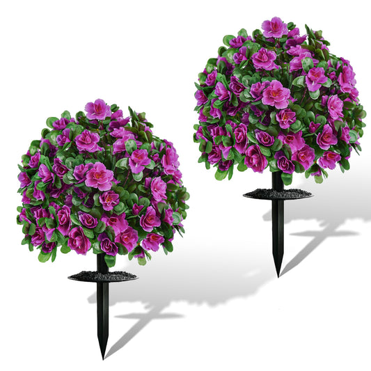 AZXVT Artificial Flowers for Outdoors, Faux Outdoor Plants Fake Plants Topiary Balls Artificial Outdoor Set of 2 with Ground Spike for Home Front Porch Patio Garden Decor (Rose Purple)