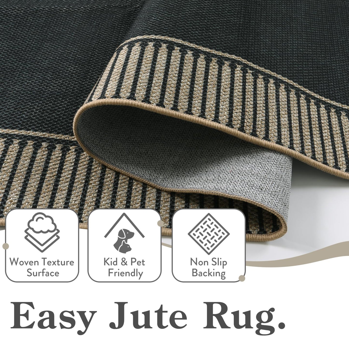 Moynesa Striped Border Easy Jute Outdoor Rug 5x7 Area Rugs for Living Room, Washable Indoor Outdoor Patio Rug Non Slip Low Pile, Black Farmhouse Carpet for Backyard Bedroom Dining Room
