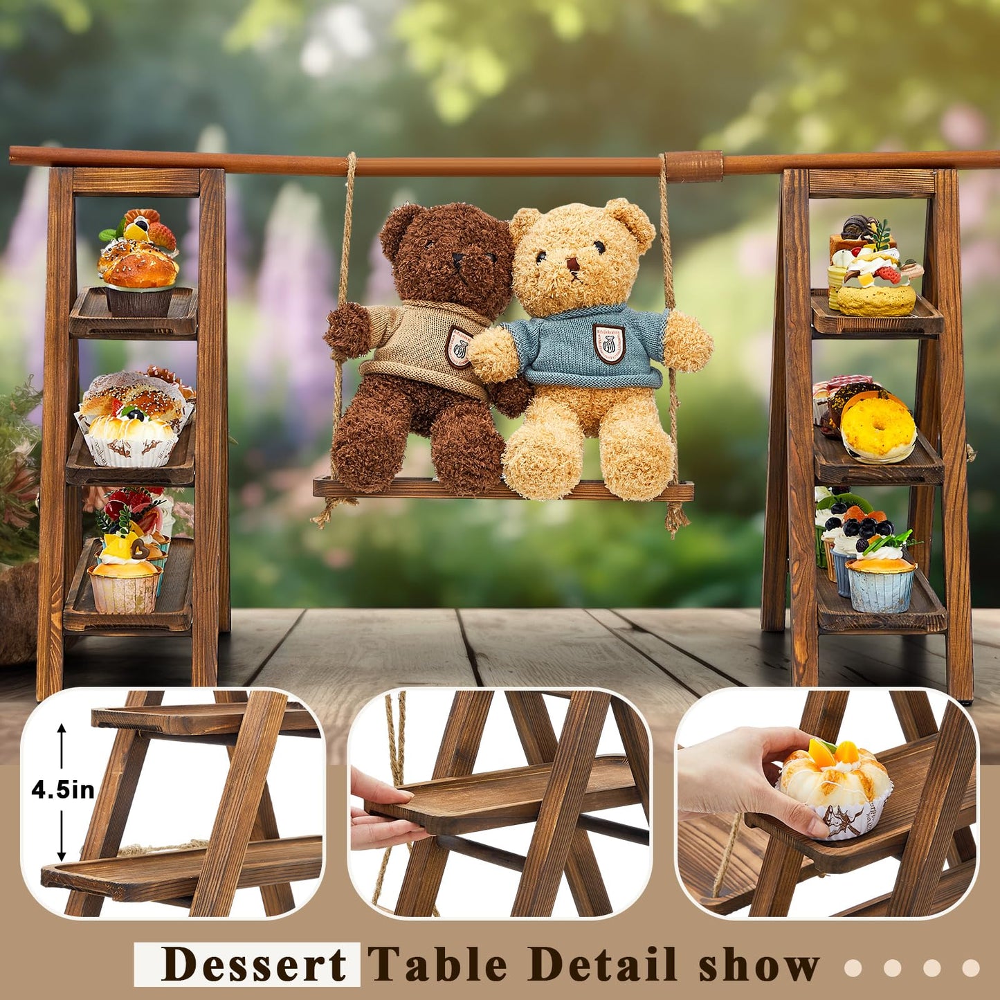 Beeveer Wooden Double 3 Tier Serving Tray Ladder Stand with Serving Platter Tray Party Food Display Set for Cake Snack Fruit Chips Bread Centerpieces(20 x 30 Inches,Dark Walnut)