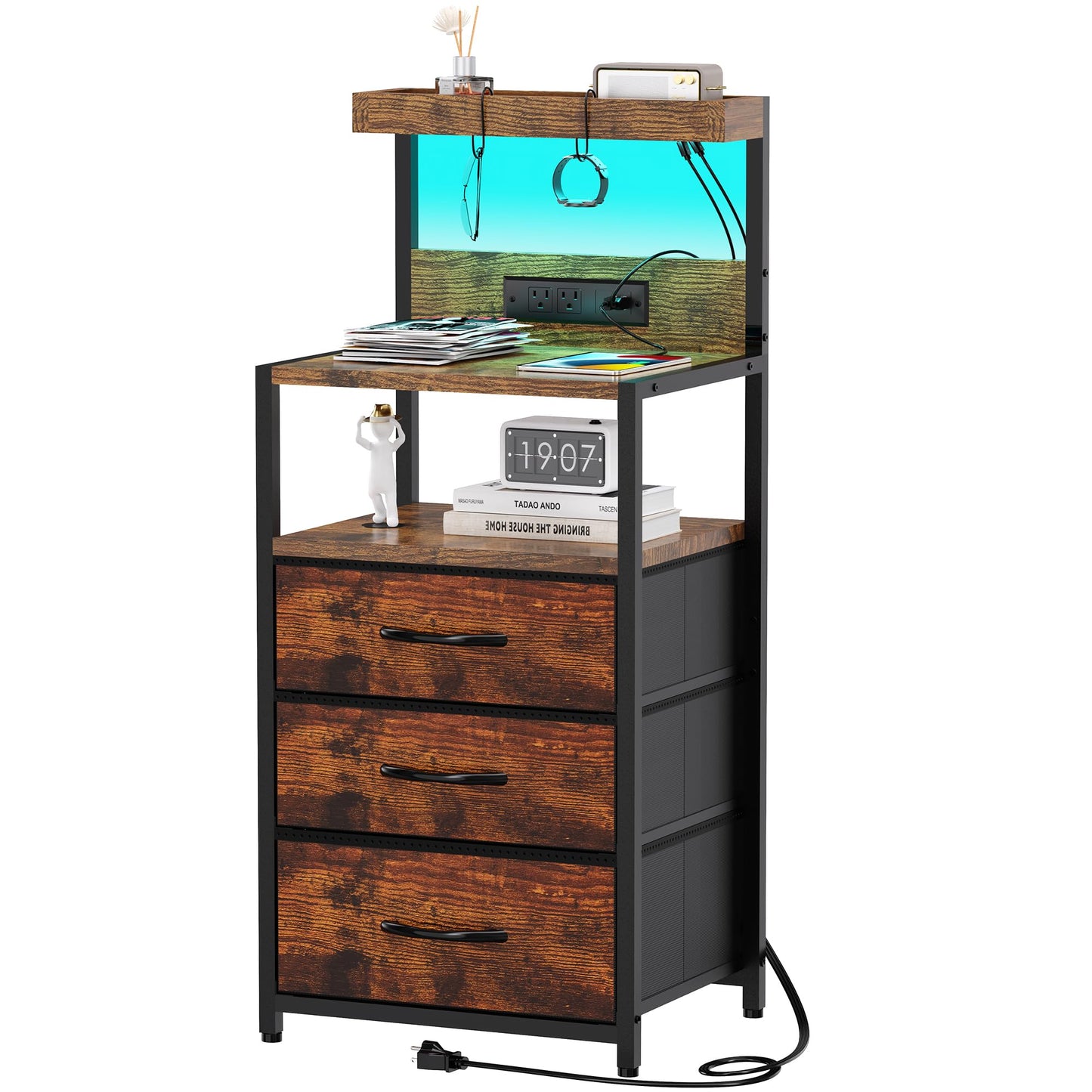 SZLHANJZ Night Stand, Nightstand with Charging Station, 3 Drawers Night Stand with Storage and LED Lights, 3 Shelves and Hooks, End Side Table for Bedroom, Rustic Brown