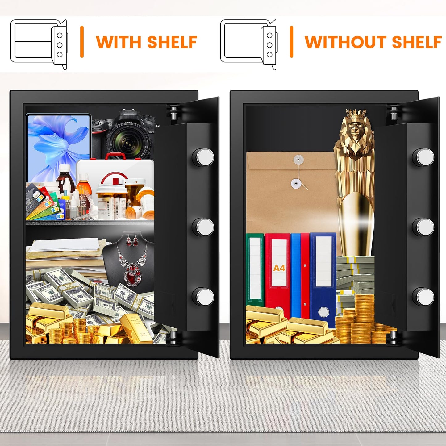 3.8 Cub Large Fireproof Safe for Home Use, Digital Home Safes Water and Fireproof with Backup Keys and Alarm System, Anti-Theft Fire Proof Safe Box for Home Office