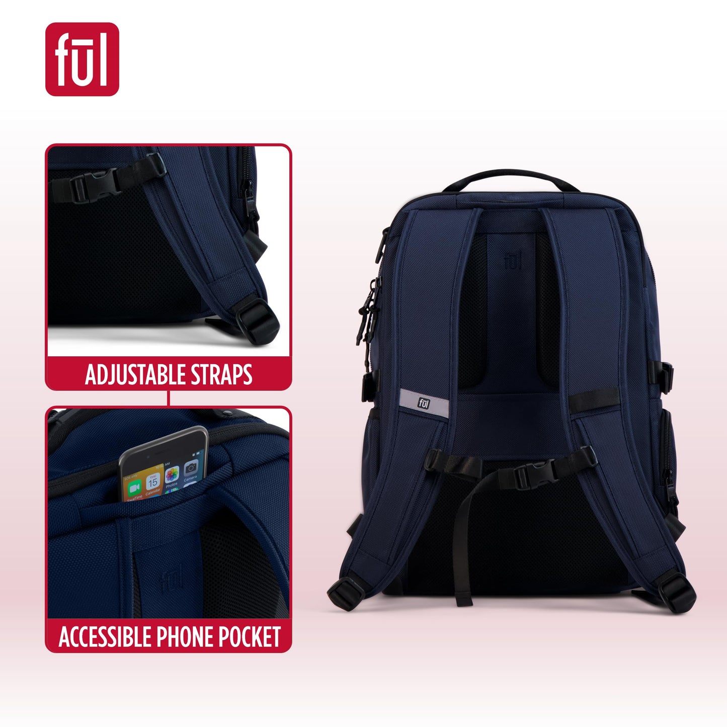 FUL Tactics Collection 17 Inch Laptop Backpack, Division Padded Computer Bag for Commute or Travel, Navy, One Size